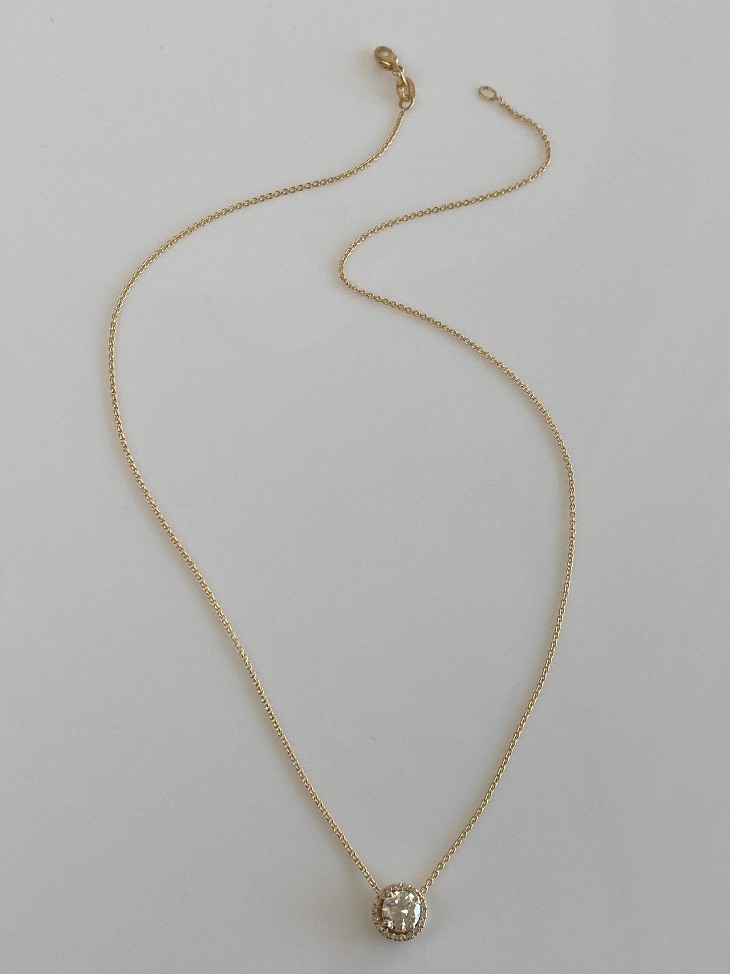 Vintage Solid 14k Yellow Gold Diamond Halo Diamond Dainty Rolo Chain Necklace - 16 inches
