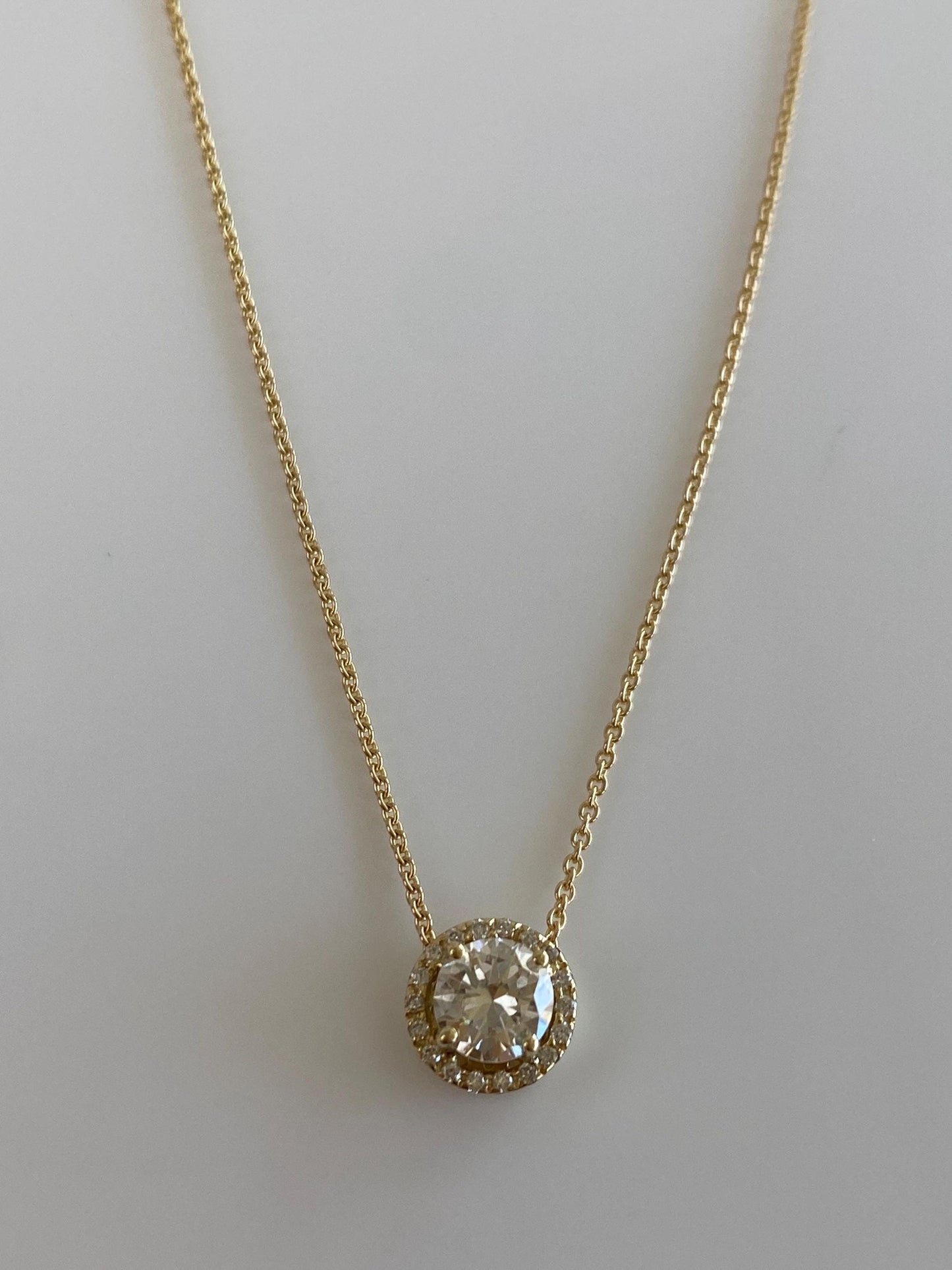Vintage Solid 14k Yellow Gold Diamond Halo Diamond Dainty Rolo Chain Necklace - 16 inches