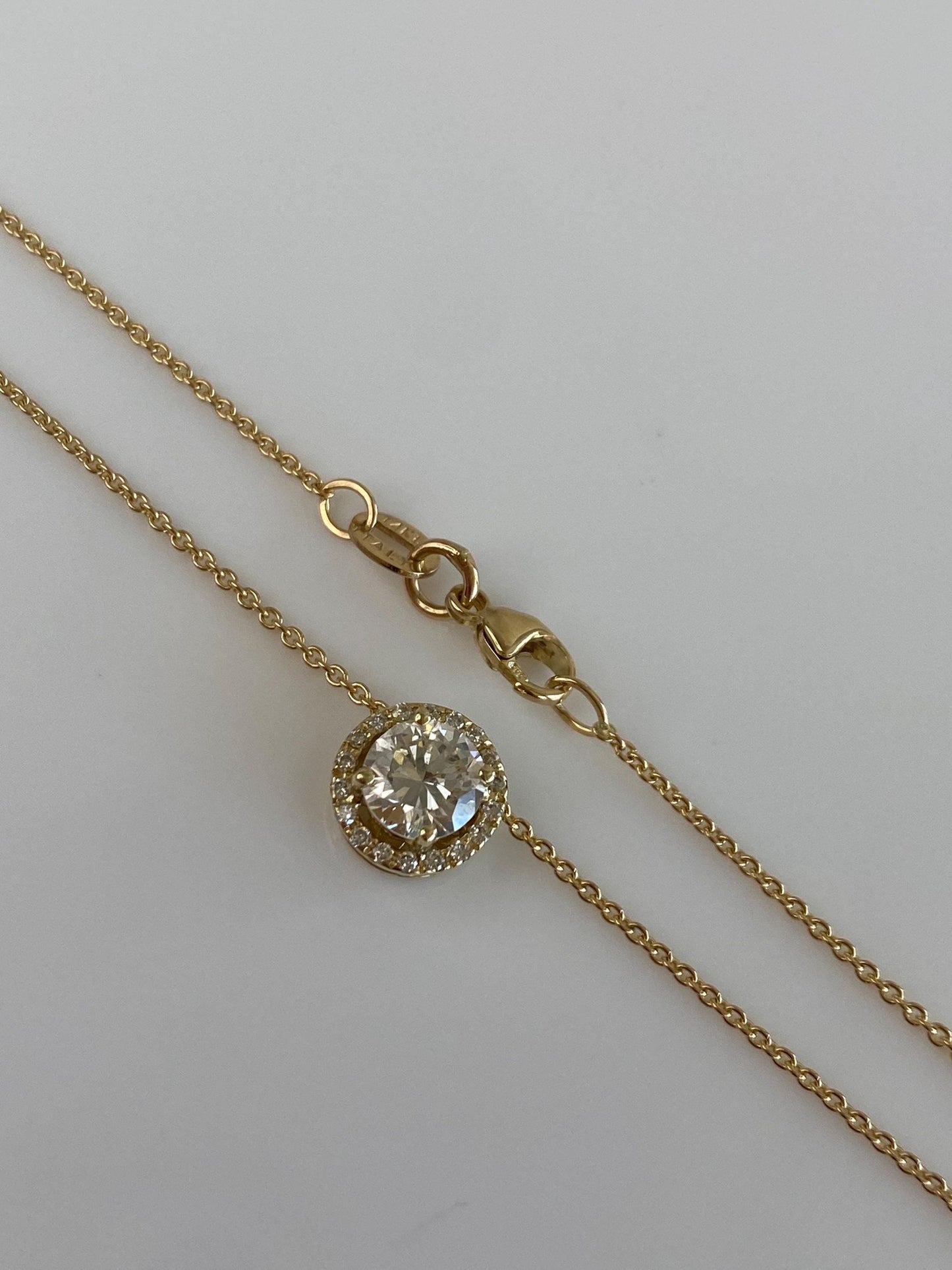 Vintage Solid 14k Yellow Gold Diamond Halo Diamond Dainty Rolo Chain Necklace - 16 inches