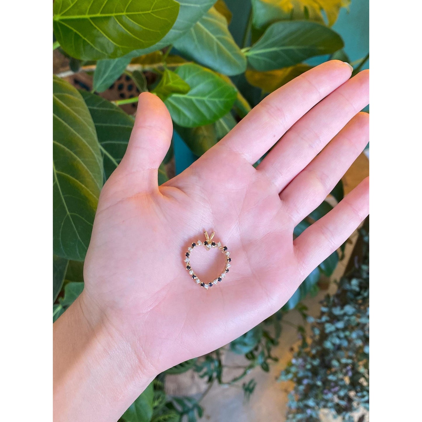 Solid 14k Yellow Gold Diamond Blue Sapphire Heart Charm