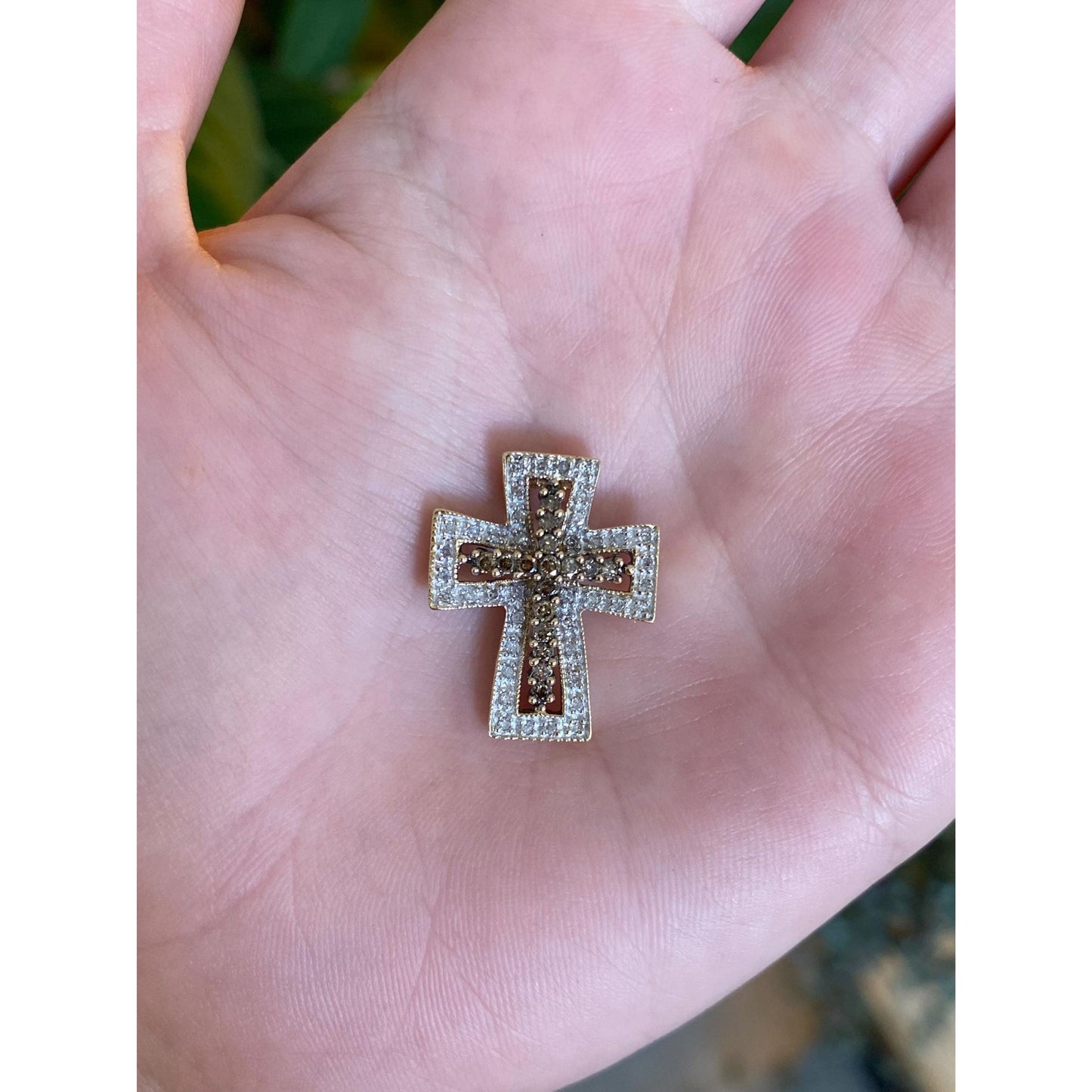 Vintage Solid 14k White & Yellow Gold Clear and Brown Diamond Cross Charm