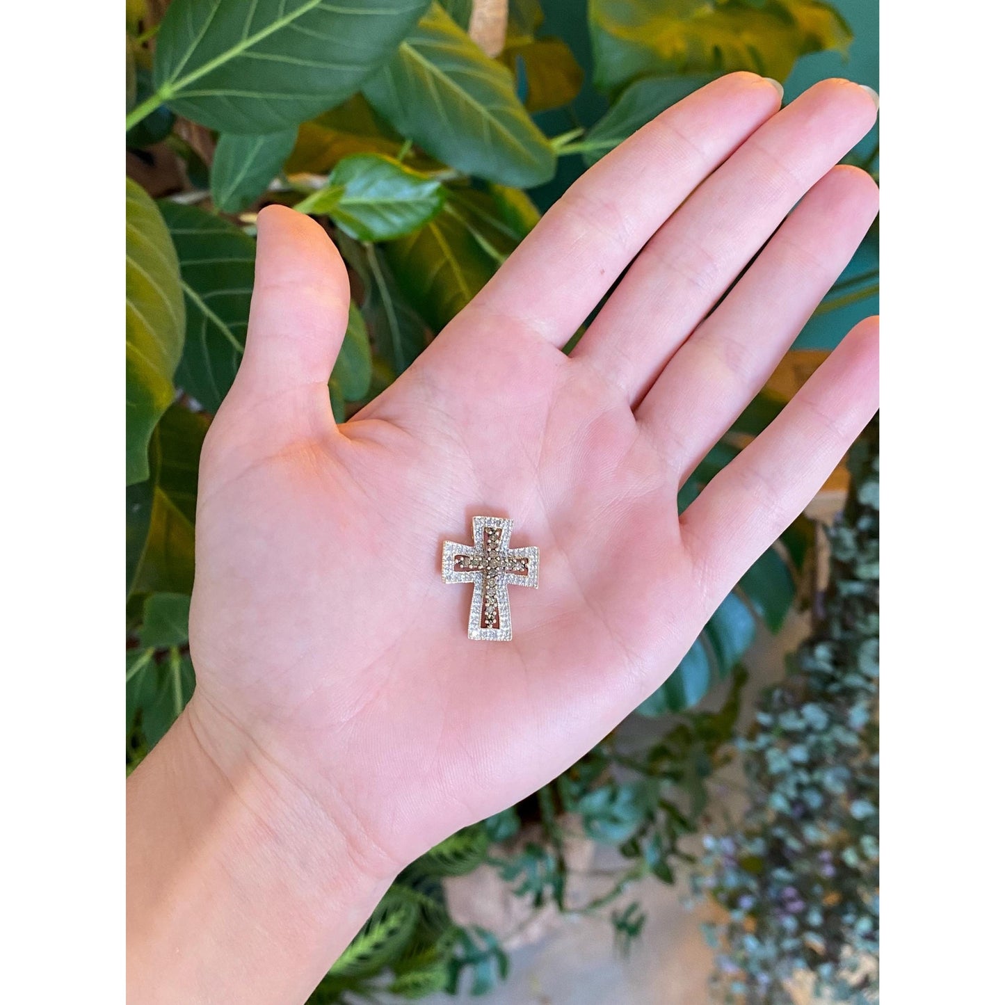 Vintage Solid 14k White & Yellow Gold Clear and Brown Diamond Cross Charm