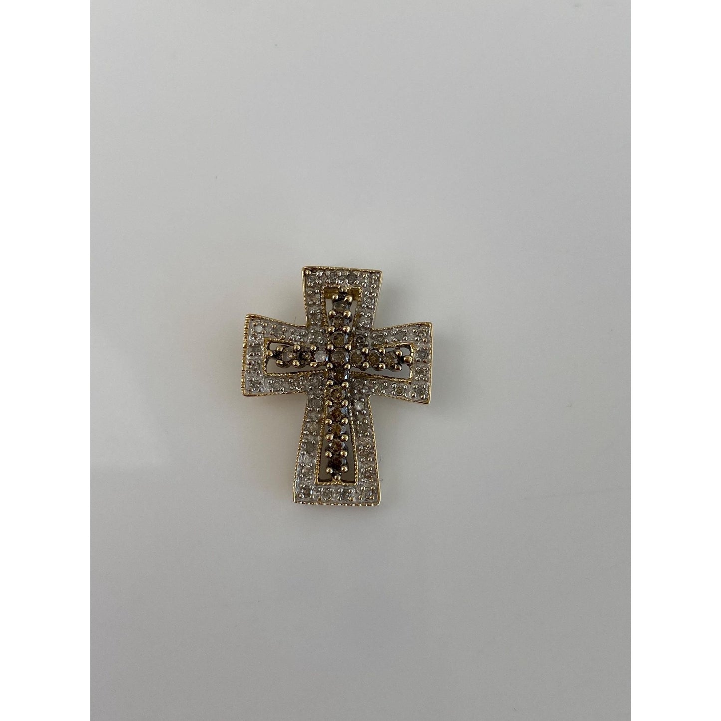 Vintage Solid 14k White & Yellow Gold Clear and Brown Diamond Cross Charm