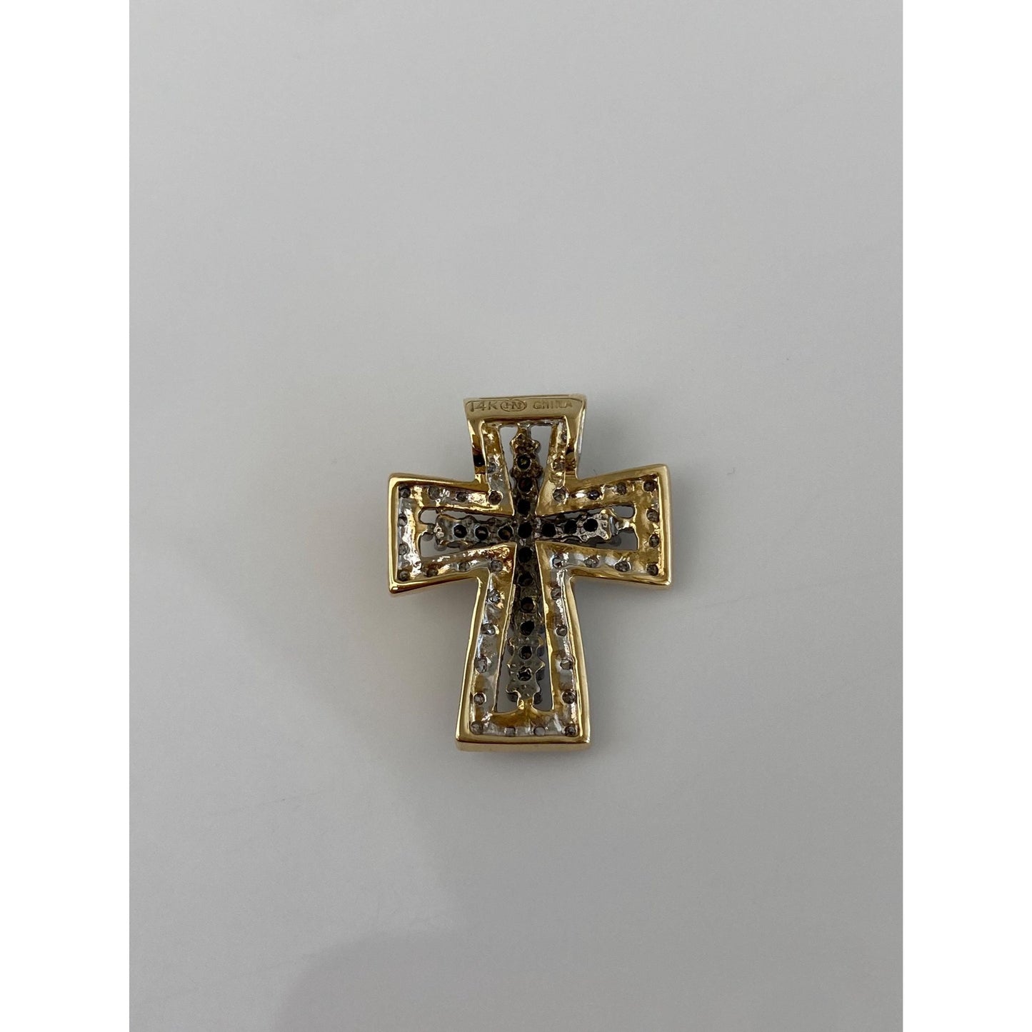 Vintage Solid 14k White & Yellow Gold Clear and Brown Diamond Cross Charm