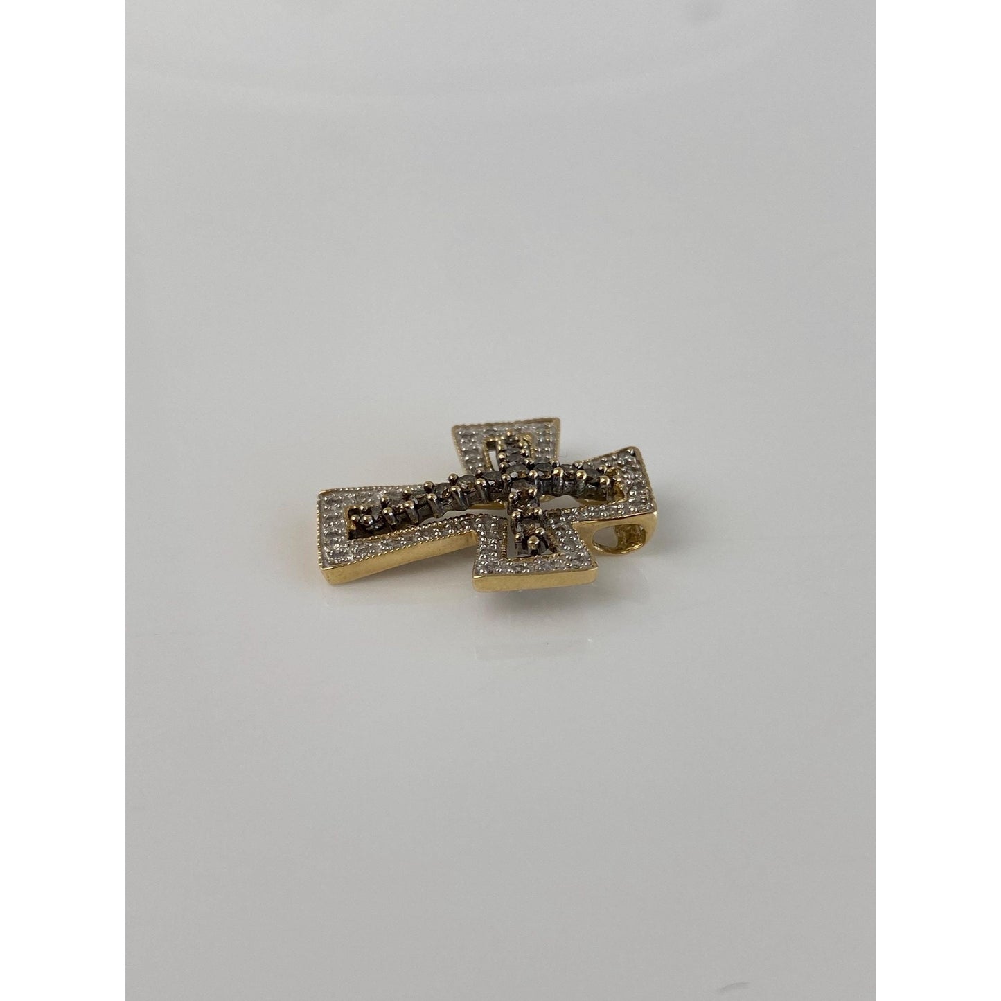 Vintage Solid 14k White & Yellow Gold Clear and Brown Diamond Cross Charm