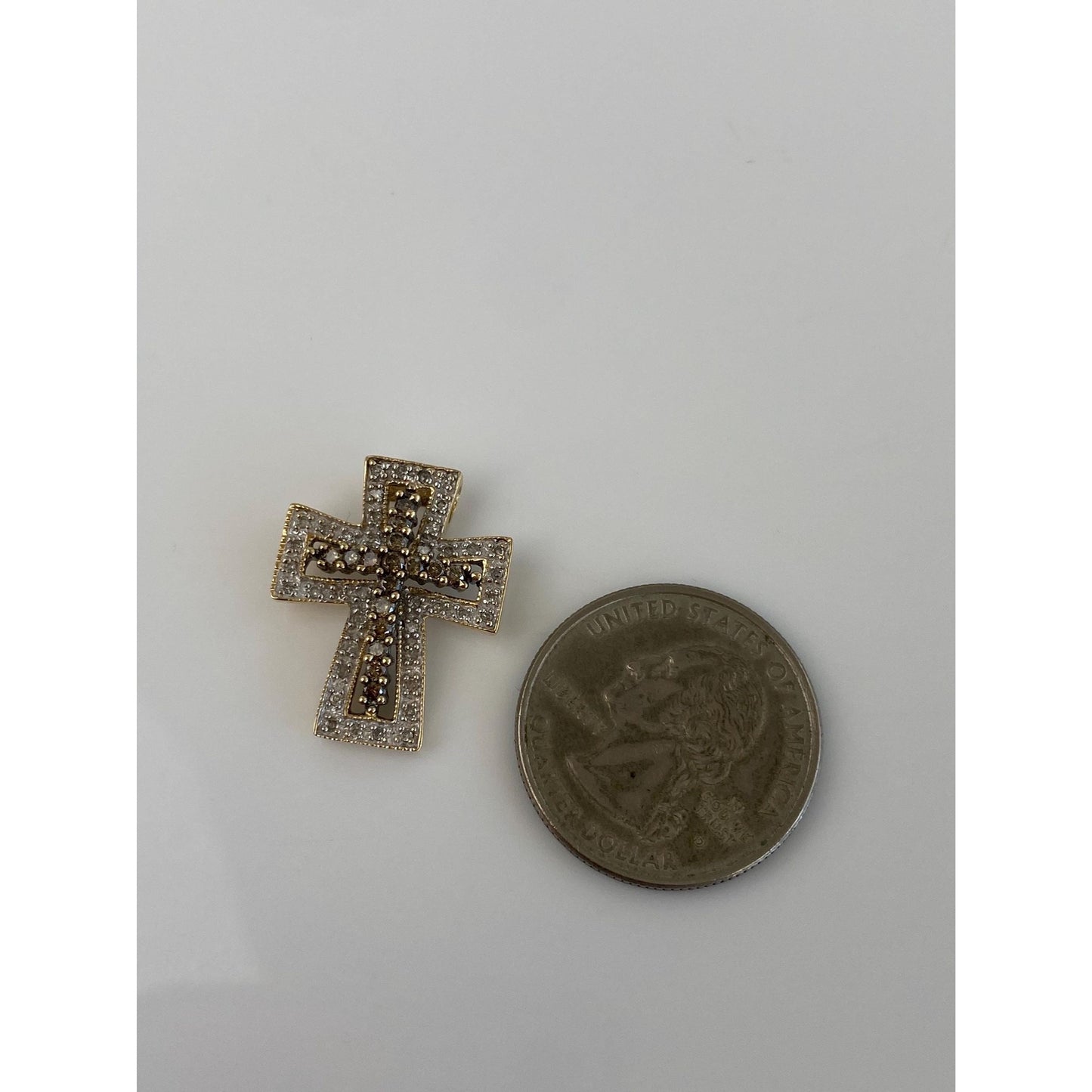 Vintage Solid 14k White & Yellow Gold Clear and Brown Diamond Cross Charm