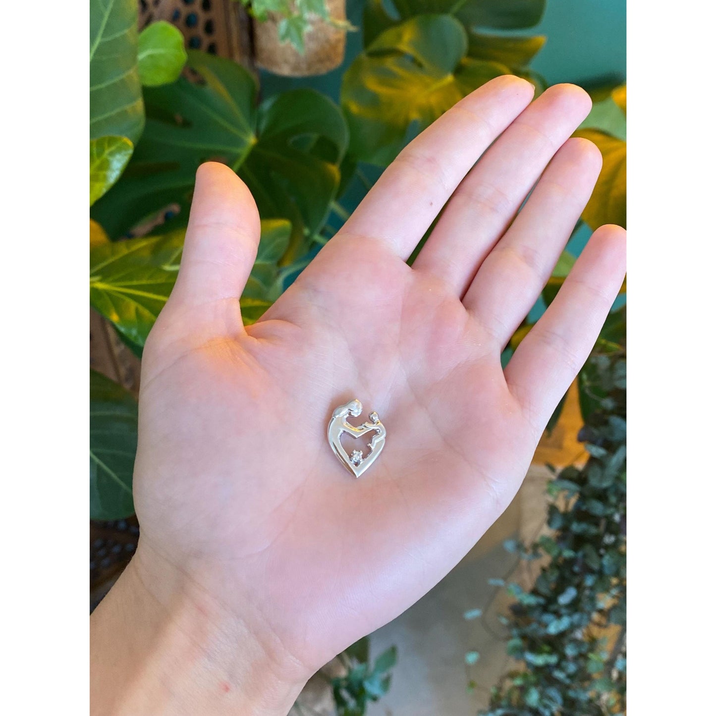 Solid 14k White Gold Diamond Mother & Child Charm