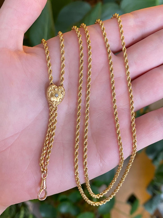 Vintage Solid 11k Yellow Gold Adjustable Seed Pearl Textured Heart Rope Chain Lariat Charm Holder Necklace - 46.5 inches