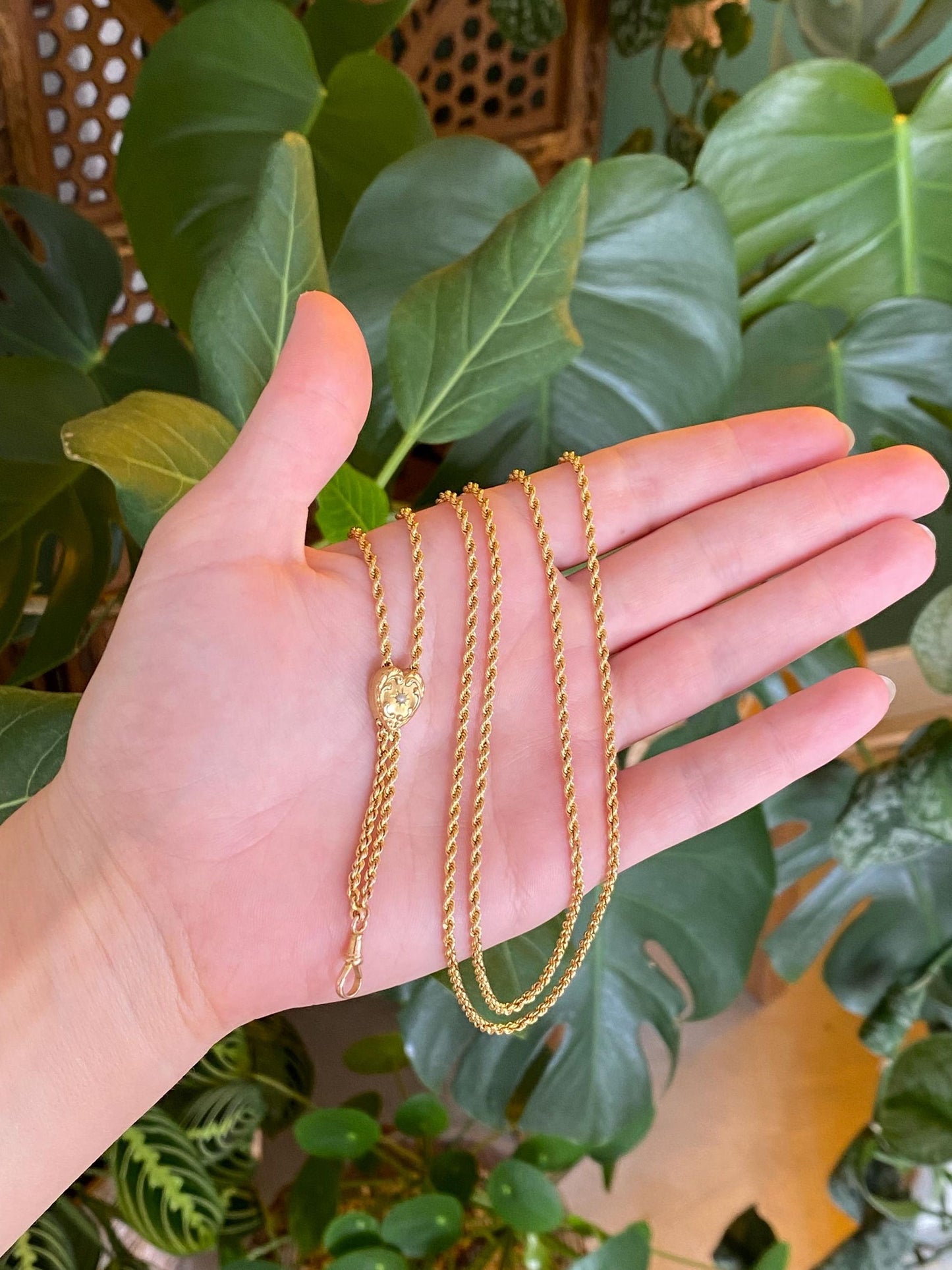 Vintage Solid 11k Yellow Gold Adjustable Seed Pearl Textured Heart Rope Chain Lariat Charm Holder Necklace - 46.5 inches