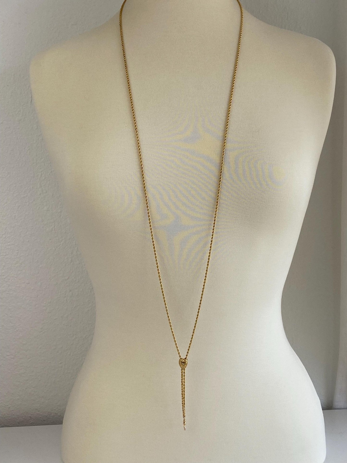 Vintage Solid 11k Yellow Gold Adjustable Seed Pearl Textured Heart Rope Chain Lariat Charm Holder Necklace - 46.5 inches