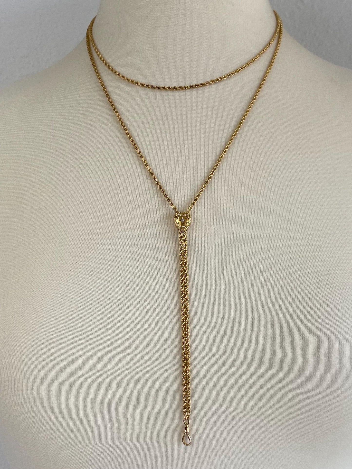 Vintage Solid 11k Yellow Gold Adjustable Seed Pearl Textured Heart Rope Chain Lariat Charm Holder Necklace - 46.5 inches