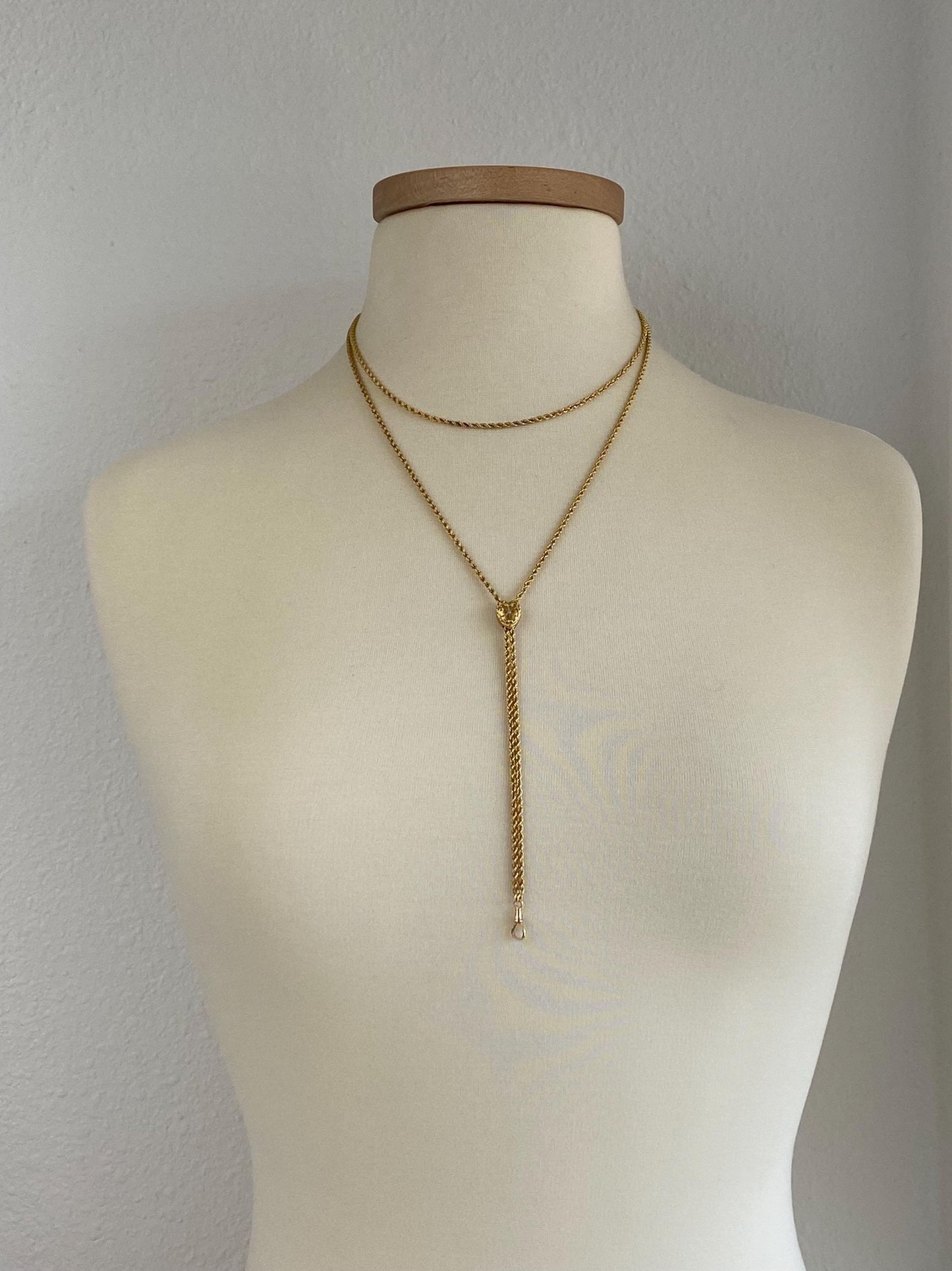 Vintage Solid 11k Yellow Gold Adjustable Seed Pearl Textured Heart Rope Chain Lariat Charm Holder Necklace - 46.5 inches