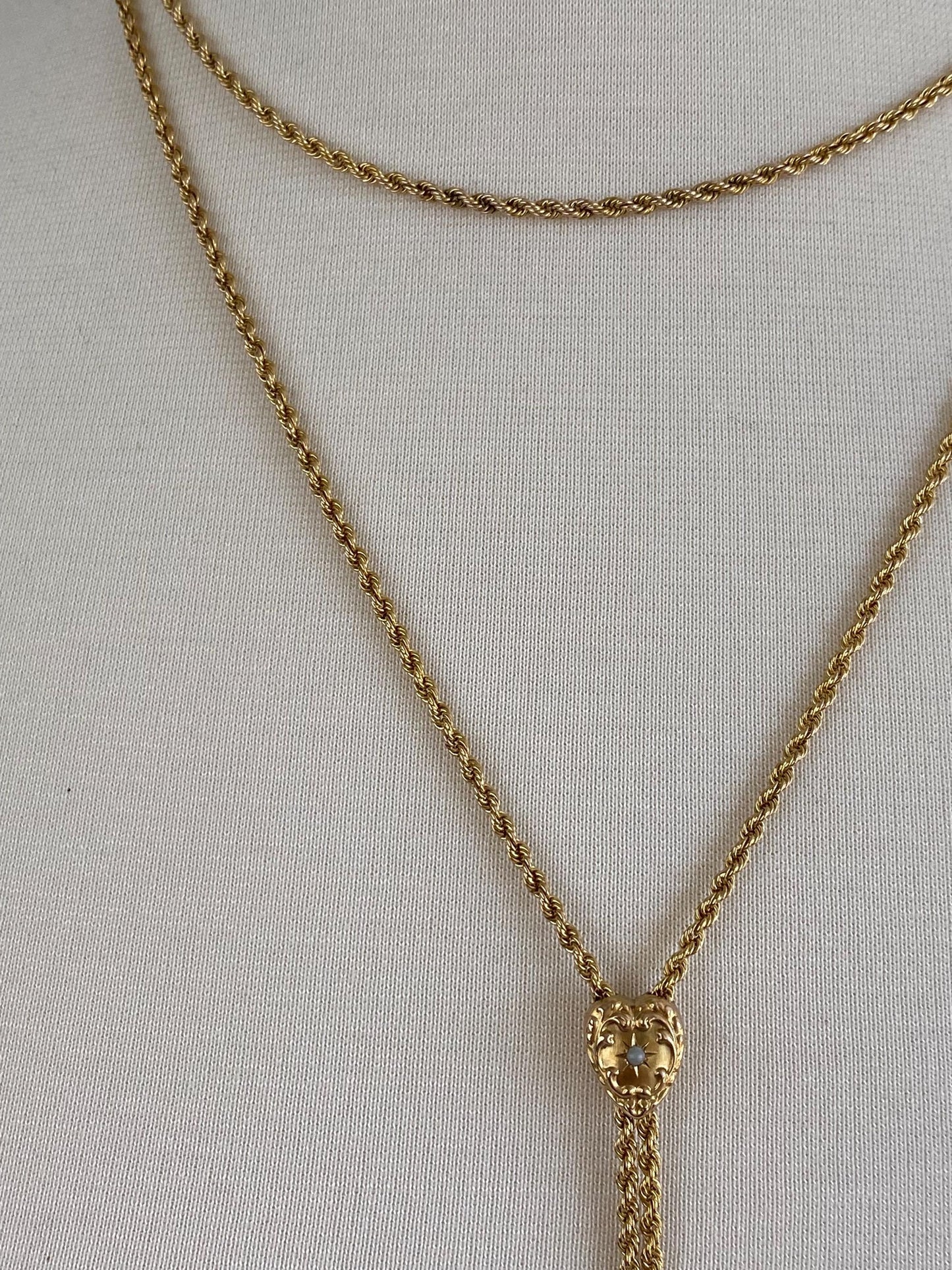 Vintage Solid 11k Yellow Gold Adjustable Seed Pearl Textured Heart Rope Chain Lariat Charm Holder Necklace - 46.5 inches