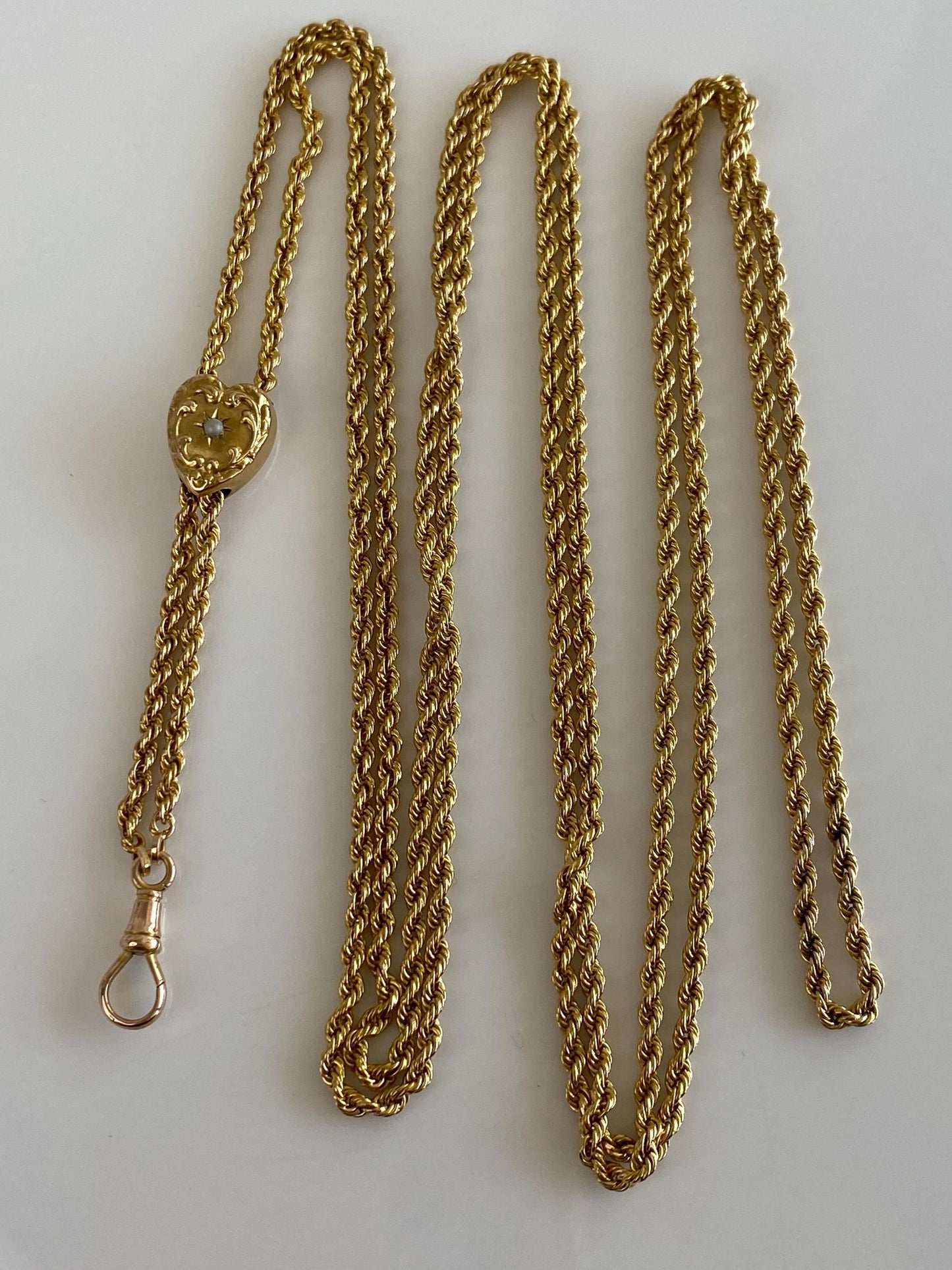 Vintage Solid 11k Yellow Gold Adjustable Seed Pearl Textured Heart Rope Chain Lariat Charm Holder Necklace - 46.5 inches