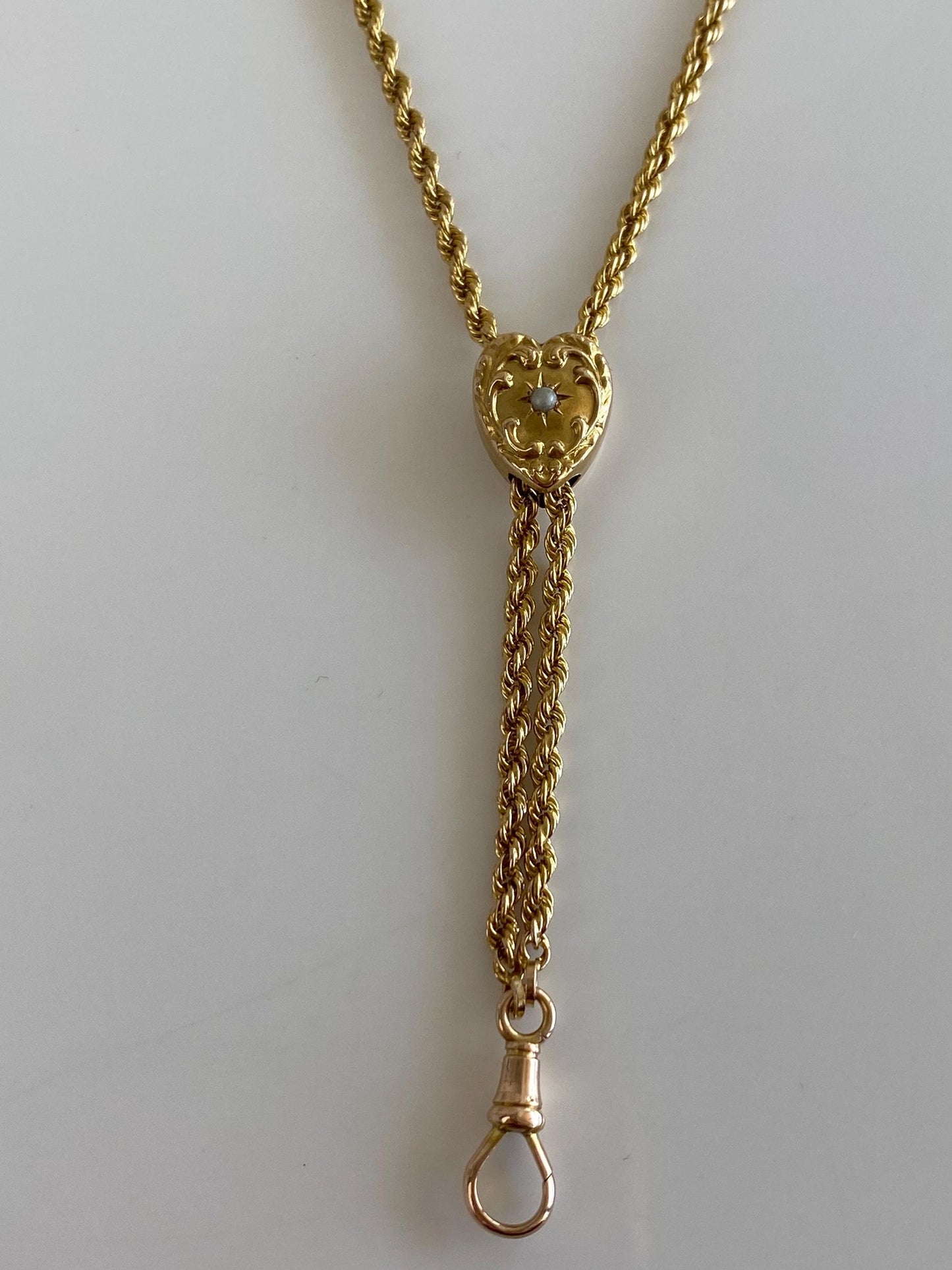 Vintage Solid 11k Yellow Gold Adjustable Seed Pearl Textured Heart Rope Chain Lariat Charm Holder Necklace - 46.5 inches