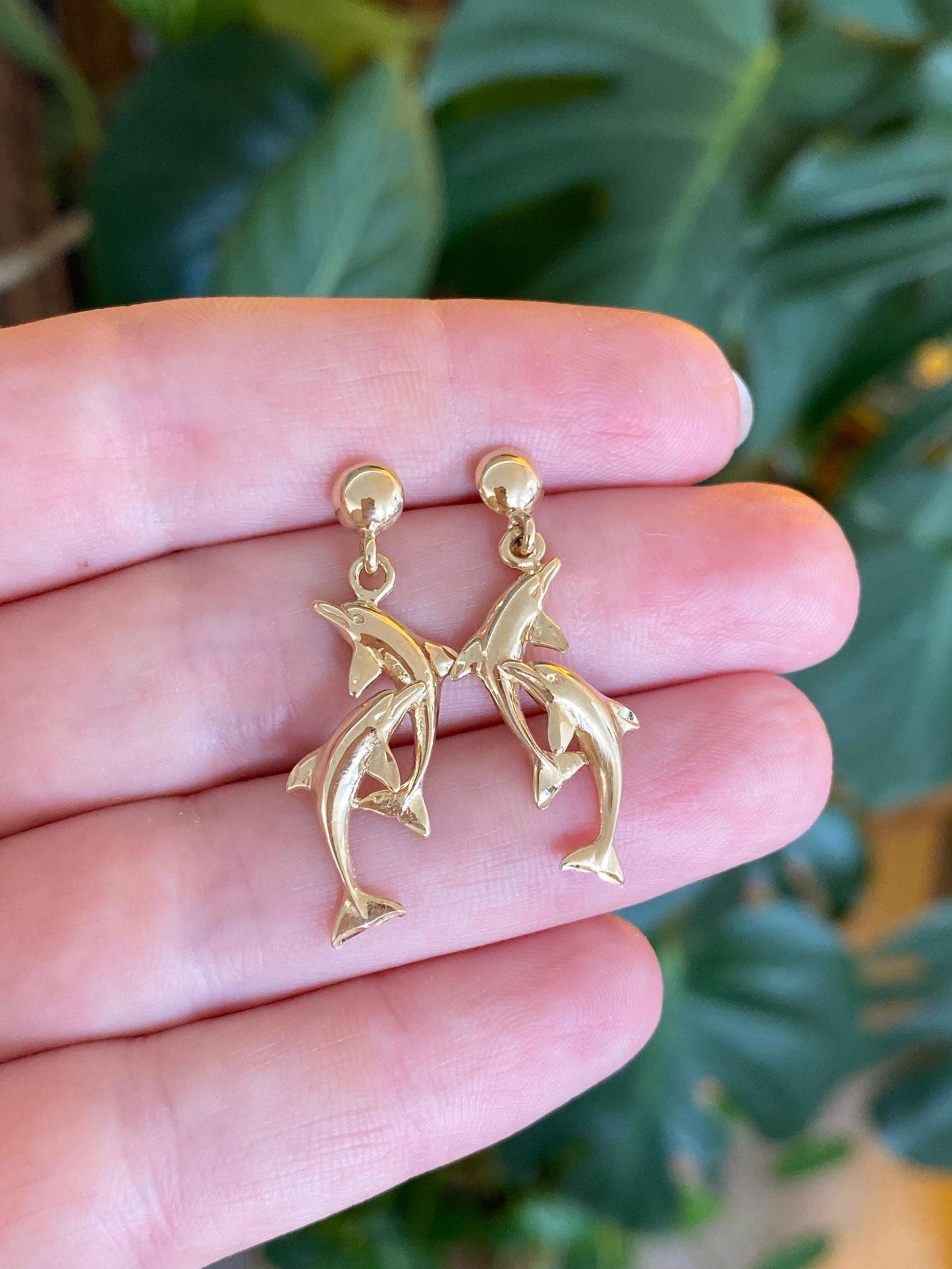 Vintage Solid 14k Yellow Gold Dolphins Dangle Stud Earrings