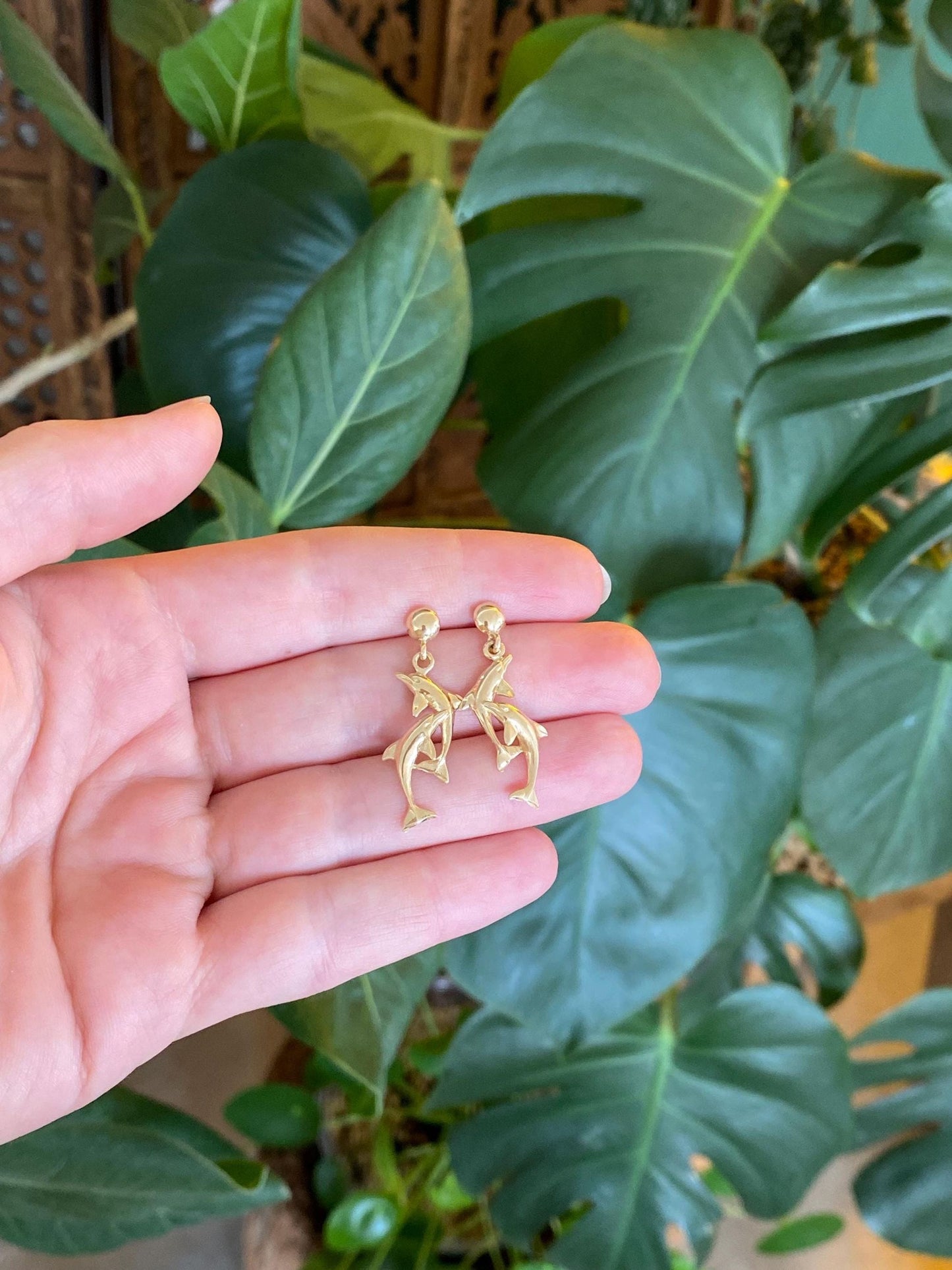 Vintage Solid 14k Yellow Gold Dolphins Dangle Stud Earrings