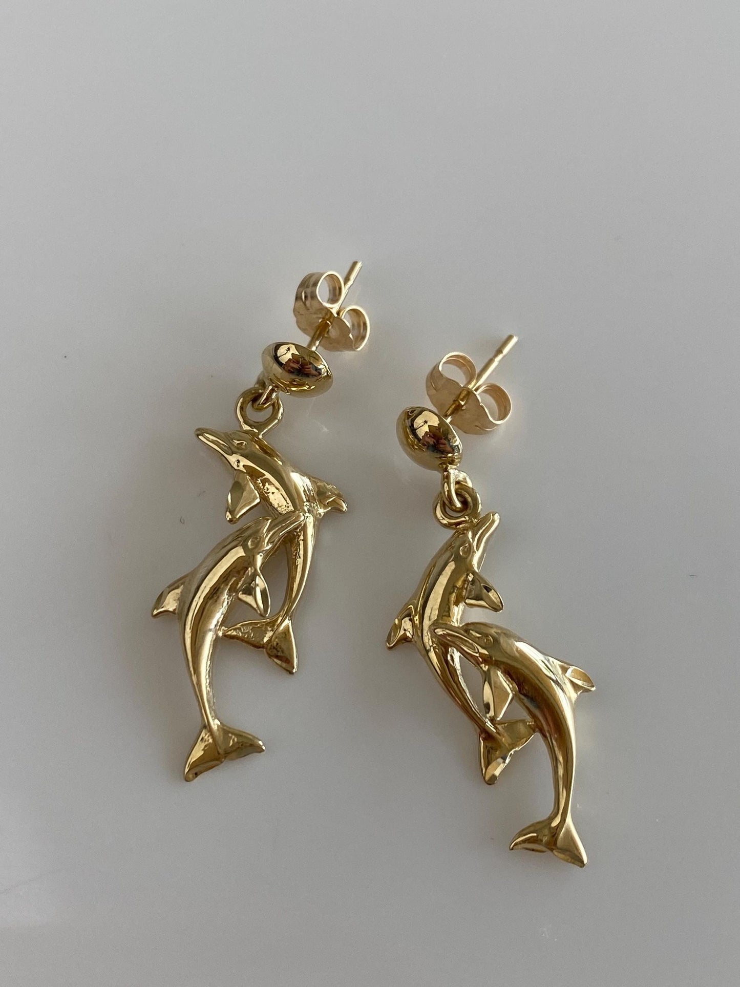 Vintage Solid 14k Yellow Gold Dolphins Dangle Stud Earrings