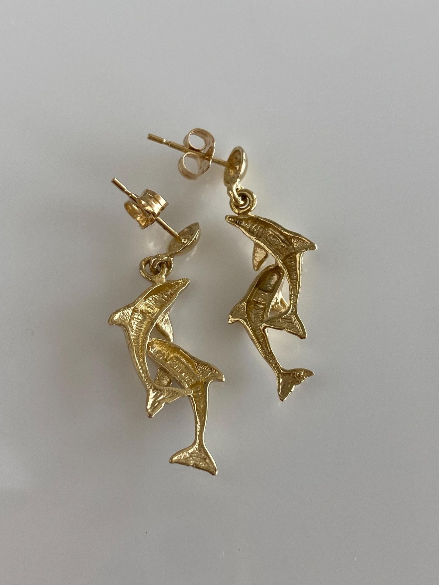 Vintage Solid 14k Yellow Gold Dolphins Dangle Stud Earrings