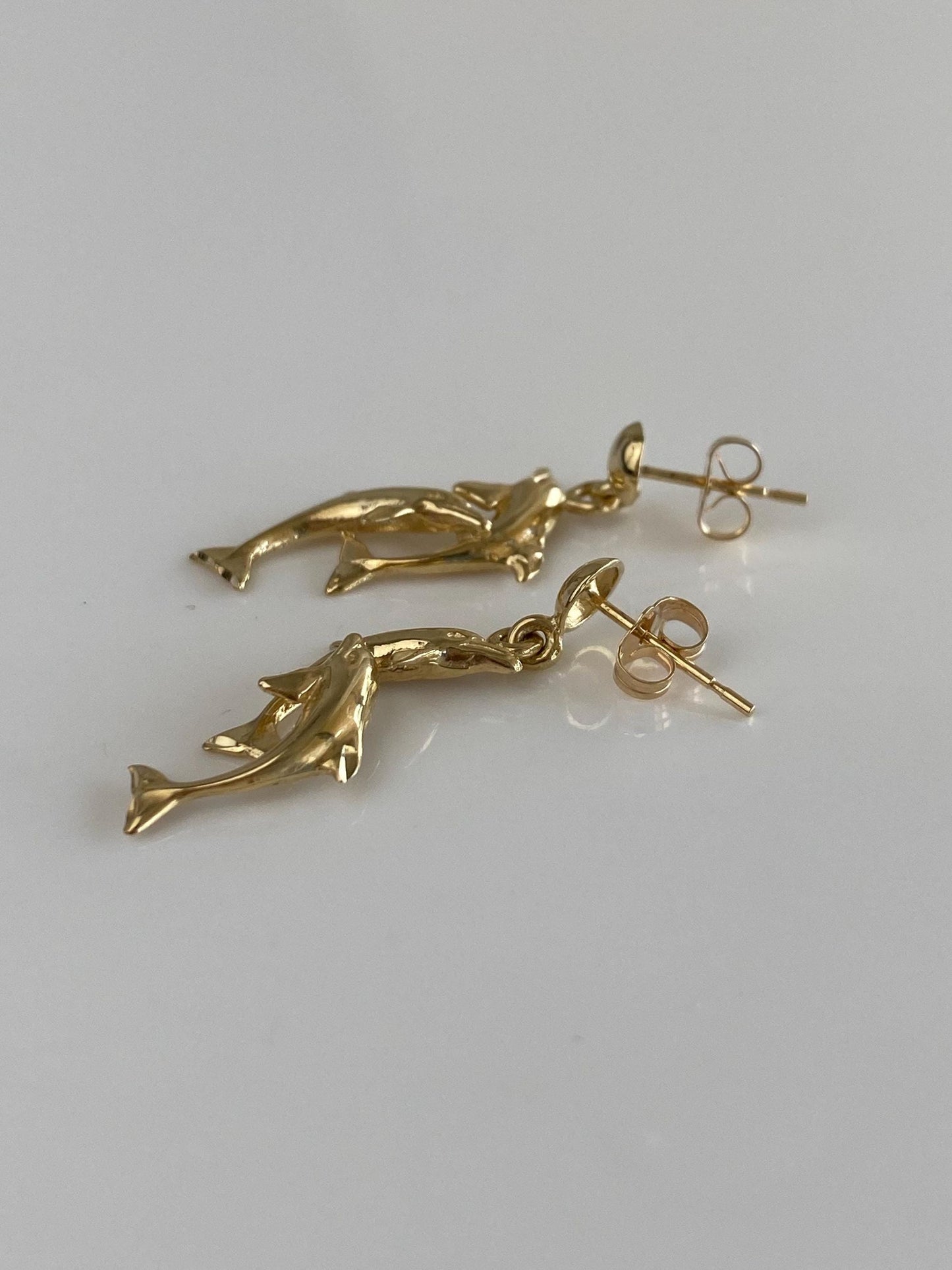 Vintage Solid 14k Yellow Gold Dolphins Dangle Stud Earrings