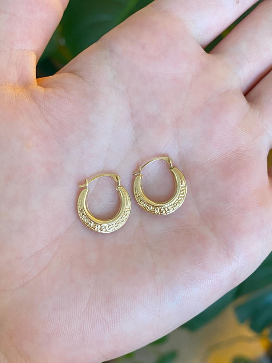 Vintage 10k Yellow Gold Little Greek Key Hoop Earrings