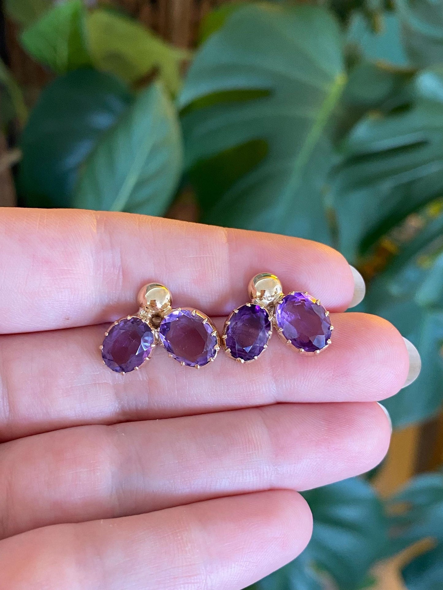 Vintage Solid 14k Yellow Gold Amethyst Stud Earrings