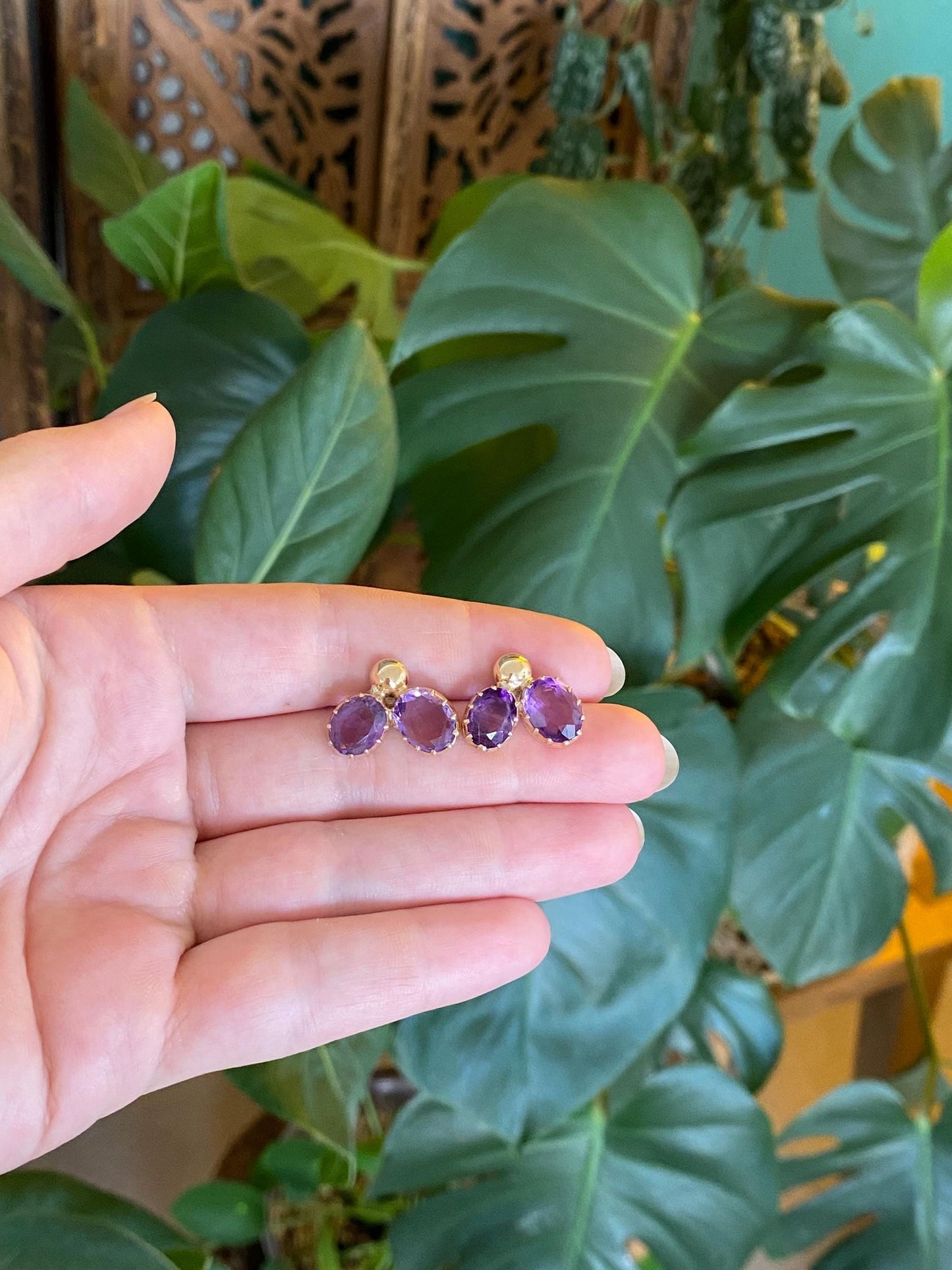 Vintage Solid 14k Yellow Gold Amethyst Stud Earrings