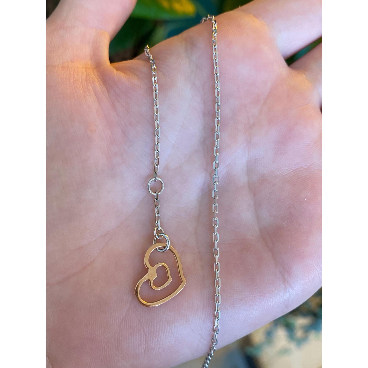 Vintage Solid 14k White & Rose Gold Biker Link Chain Heart Bracelet/Anklet - 9.75 inches