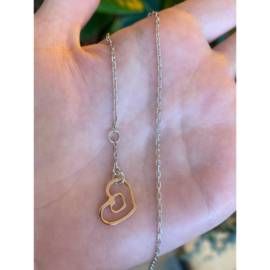 Vintage Solid 14k White & Rose Gold Biker Link Chain Heart Bracelet/Anklet - 9.75 inches