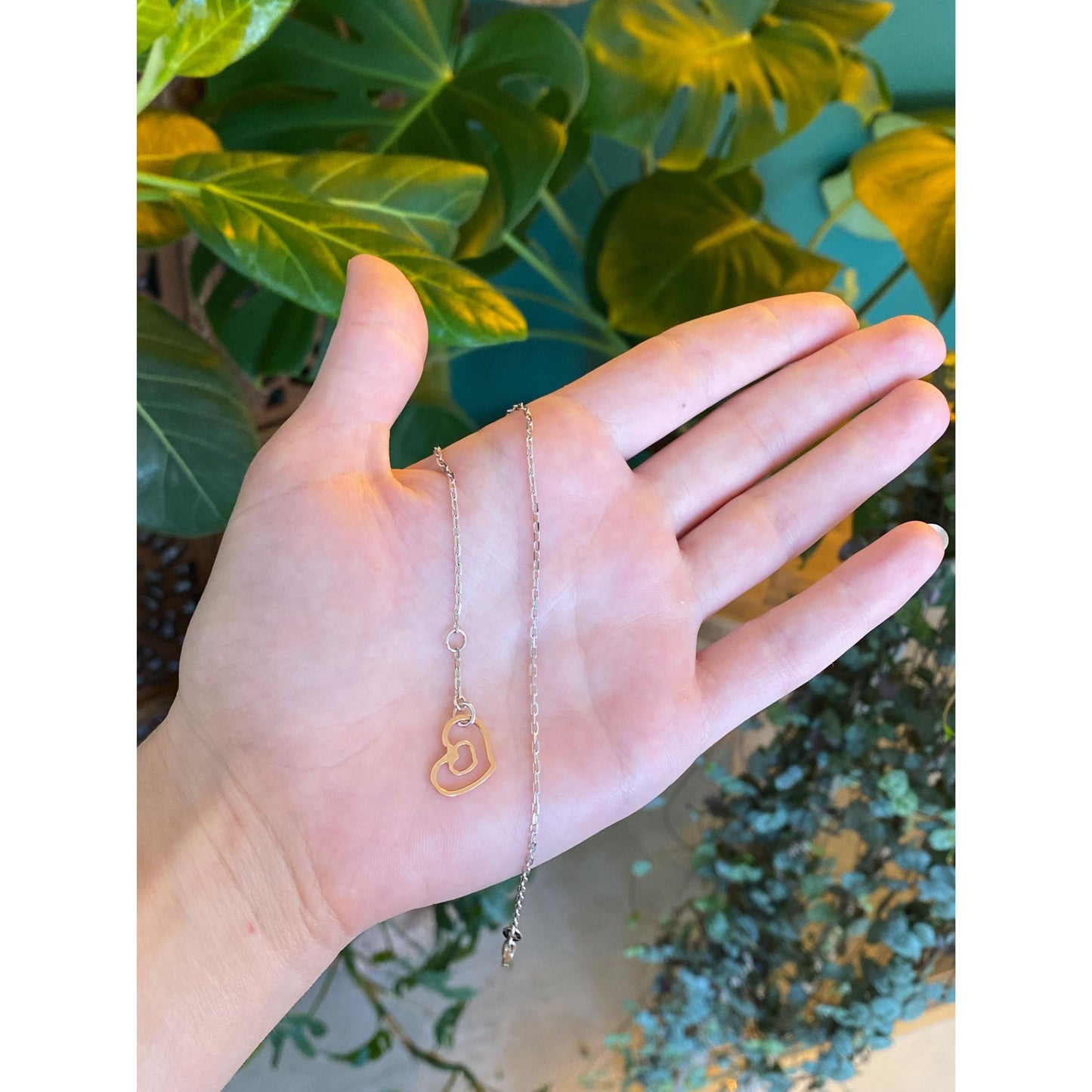 Vintage Solid 14k White & Rose Gold Biker Link Chain Heart Bracelet/Anklet - 9.75 inches