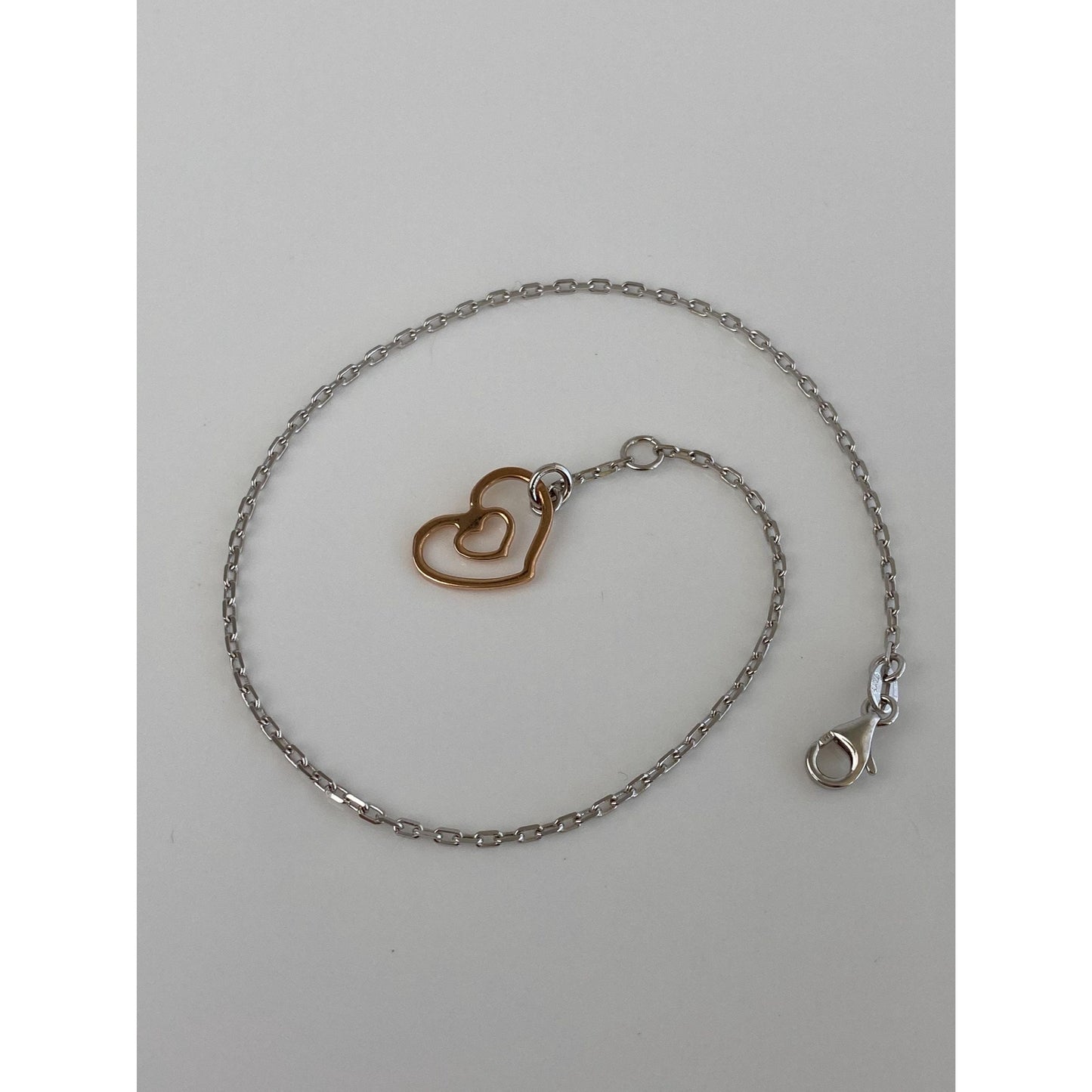 Vintage Solid 14k White & Rose Gold Biker Link Chain Heart Bracelet/Anklet - 9.75 inches