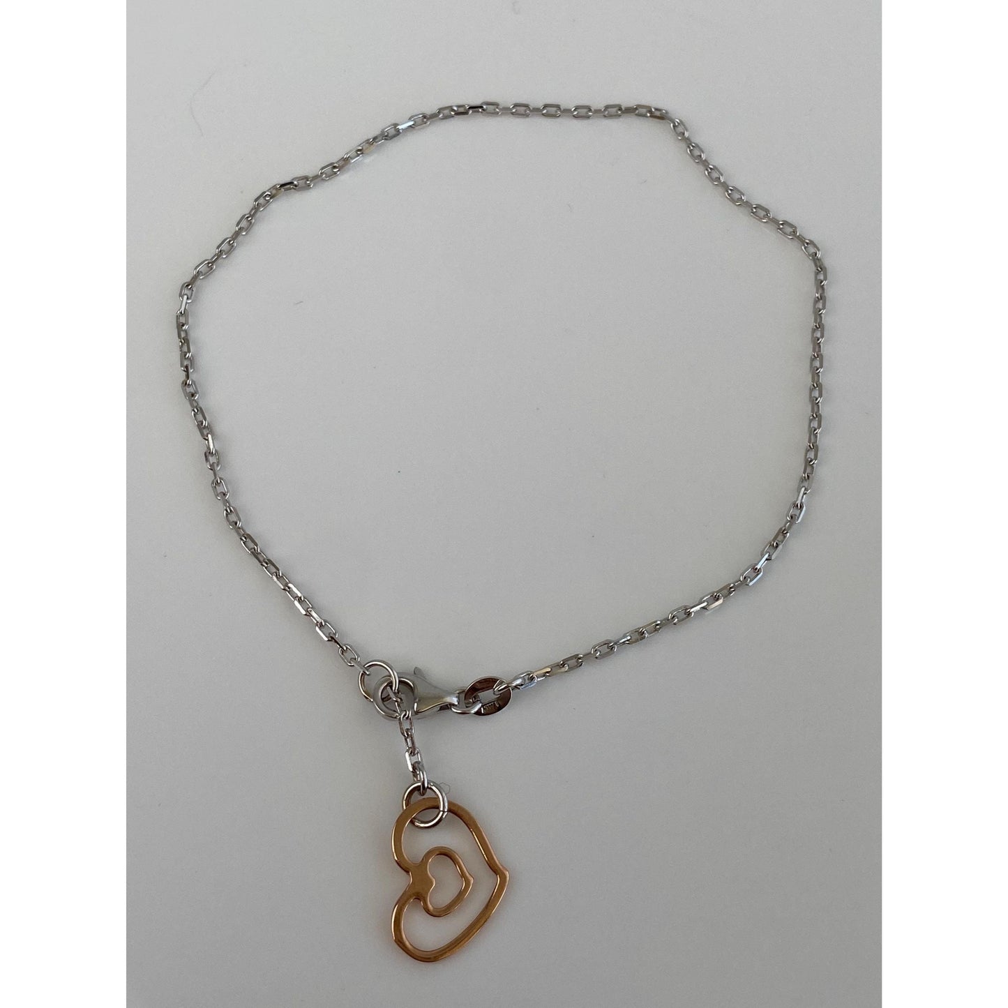 Vintage Solid 14k White & Rose Gold Biker Link Chain Heart Bracelet/Anklet - 9.75 inches