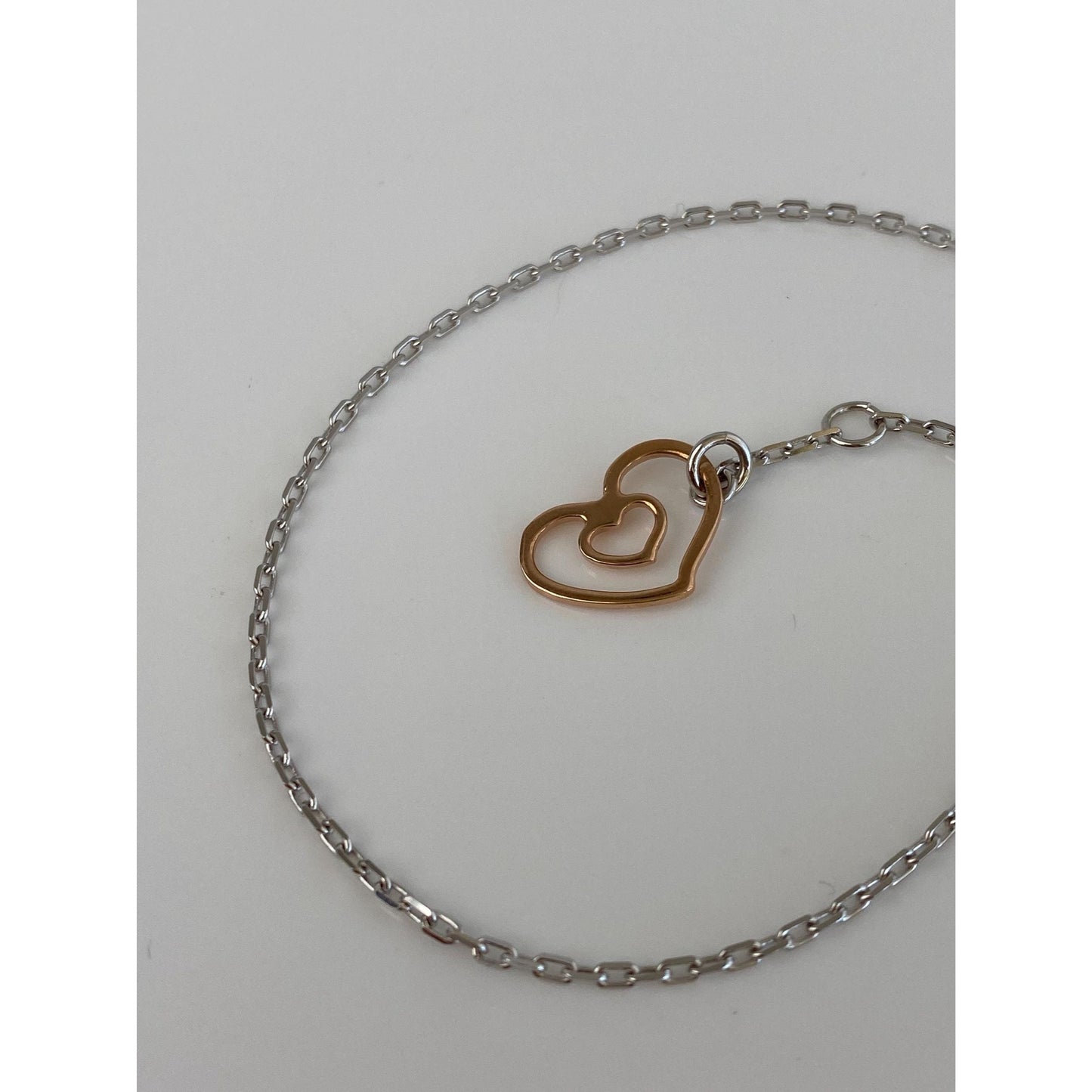 Vintage Solid 14k White & Rose Gold Biker Link Chain Heart Bracelet/Anklet - 9.75 inches