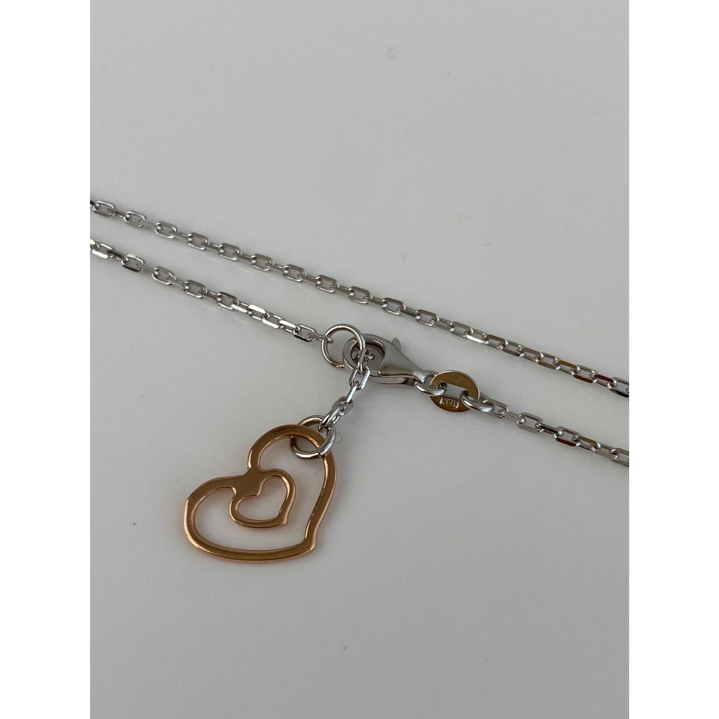 Vintage Solid 14k White & Rose Gold Biker Link Chain Heart Bracelet/Anklet - 9.75 inches