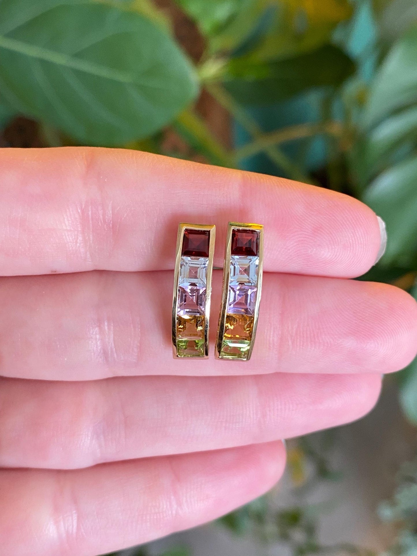 Vintage Solid 10k Yellow Gold Garnet Aquamarine Citrine Green Purple Cubic Zirconia Stud Earrings