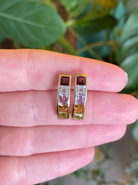 Vintage Solid 10k Yellow Gold Garnet Aquamarine Citrine Green Purple Cubic Zirconia Stud Earrings