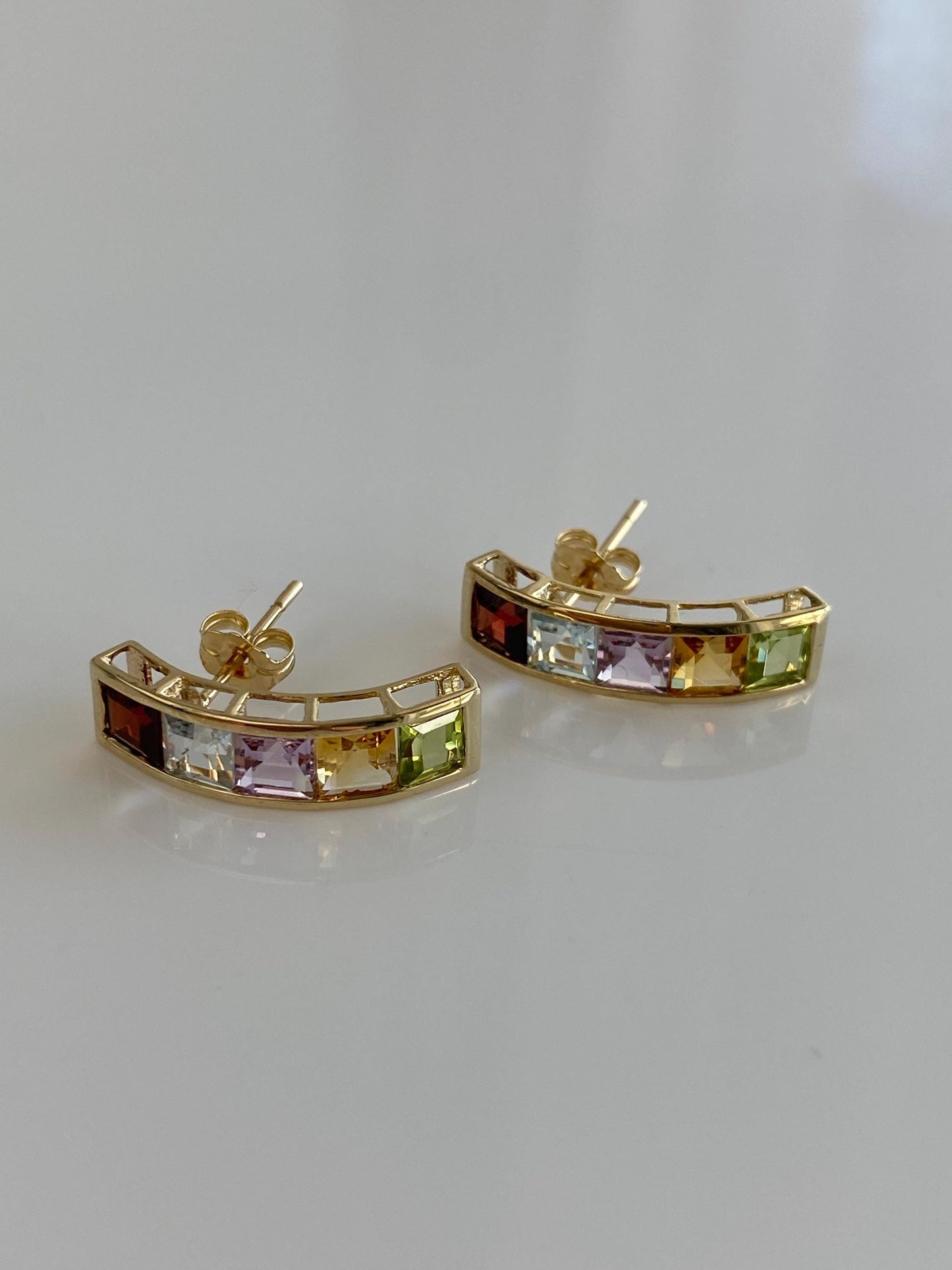Vintage Solid 10k Yellow Gold Garnet Aquamarine Citrine Green Purple Cubic Zirconia Stud Earrings
