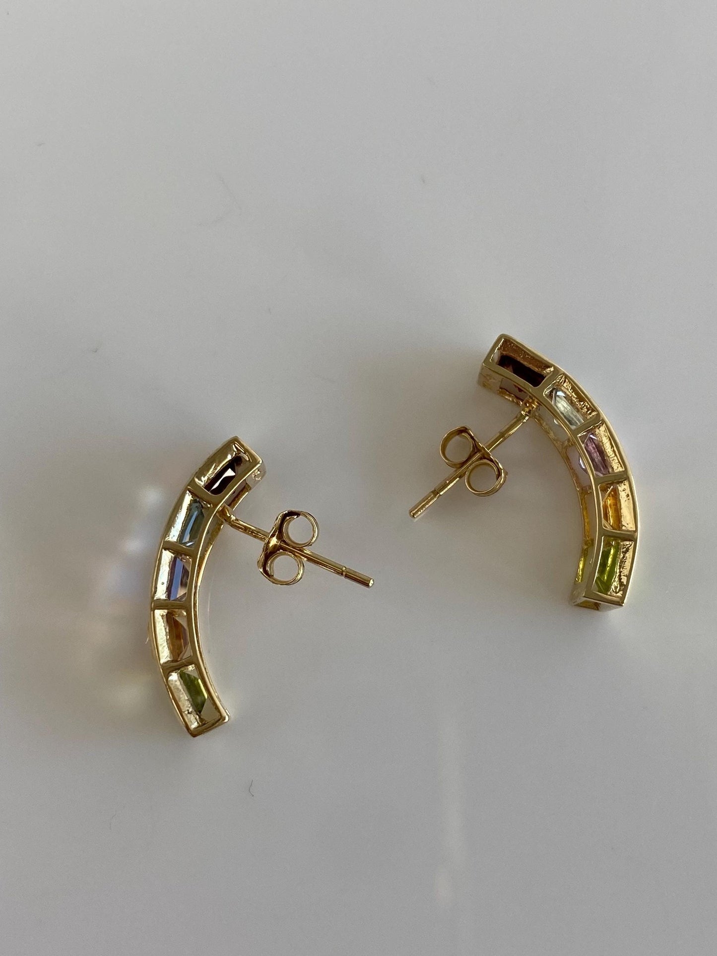 Vintage Solid 10k Yellow Gold Garnet Aquamarine Citrine Green Purple Cubic Zirconia Stud Earrings