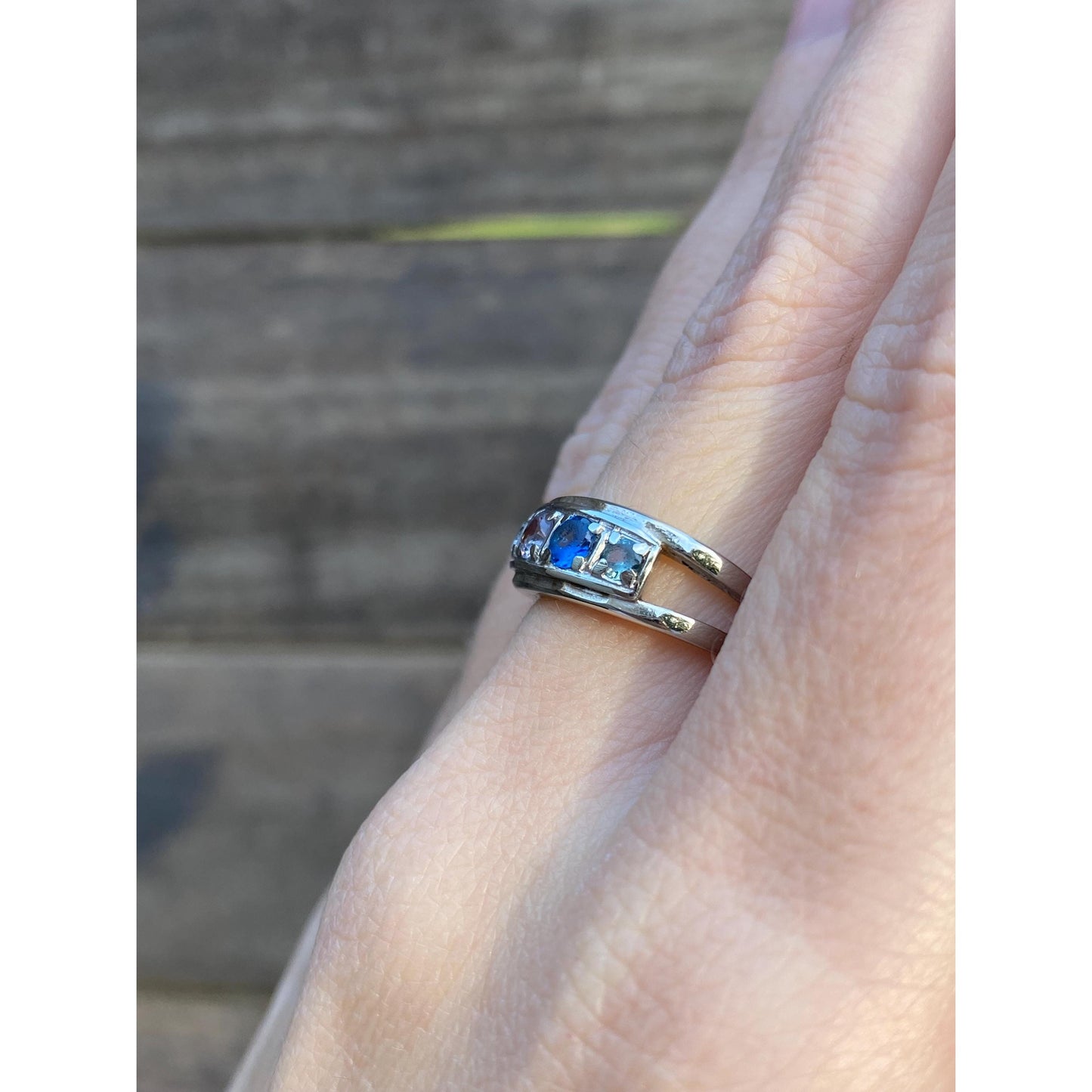 Vintage Solid 10k White Gold Blue Quartz Light Pink Spinel Clear Quartz Ring Band - Size 6