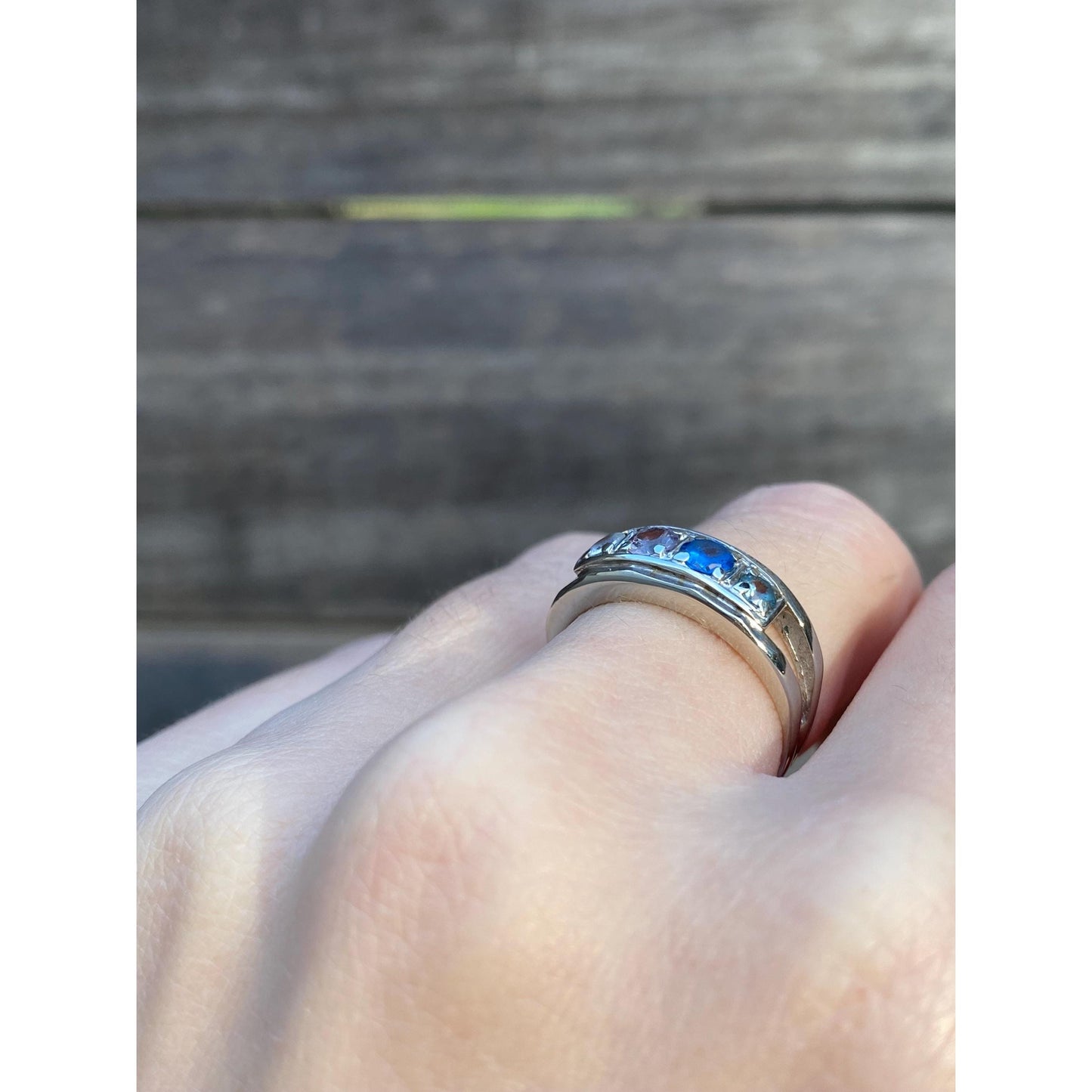 Vintage Solid 10k White Gold Blue Quartz Light Pink Spinel Clear Quartz Ring Band - Size 6