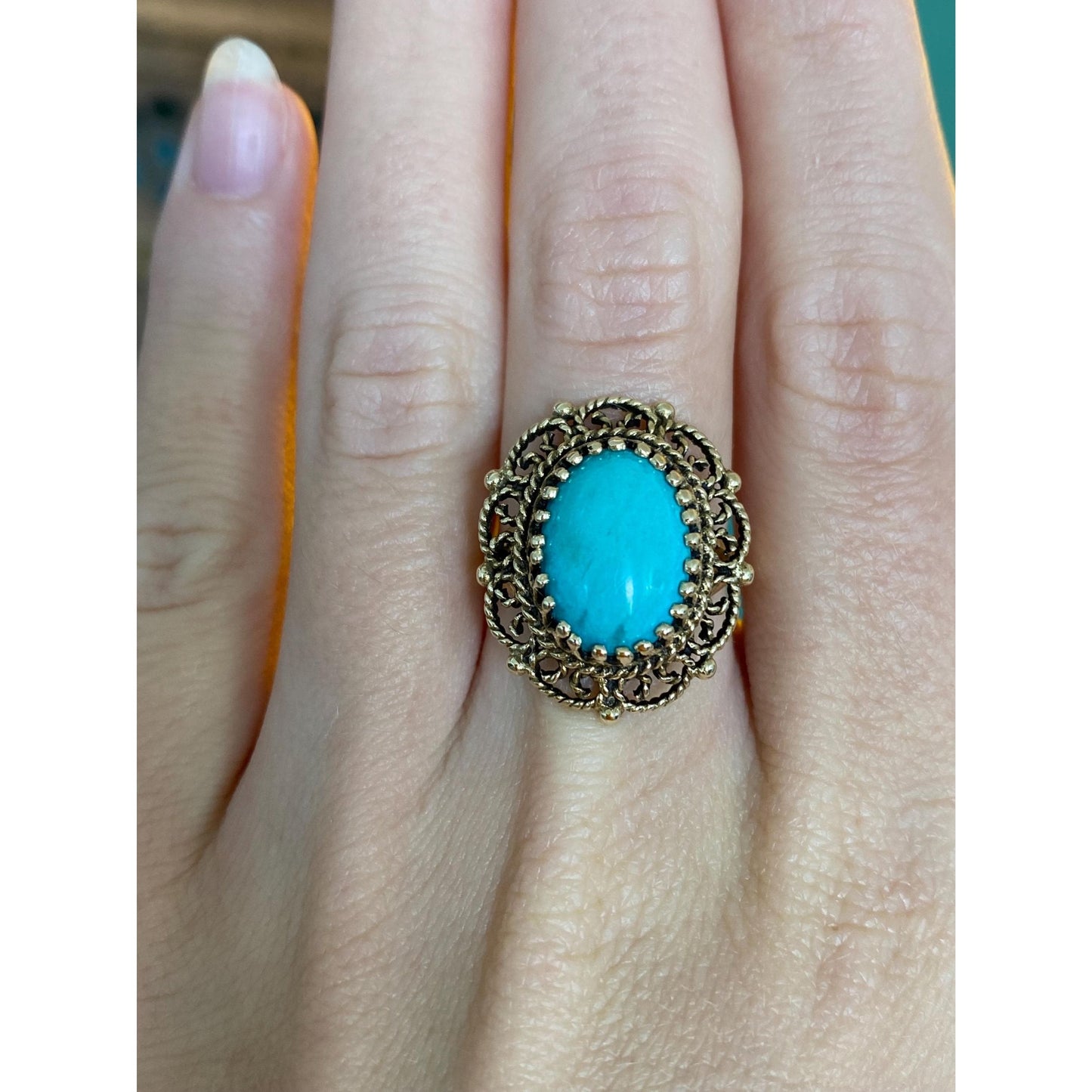 Vintage Solid 14k Yellow Gold Turquoise Ring - Size 6.5