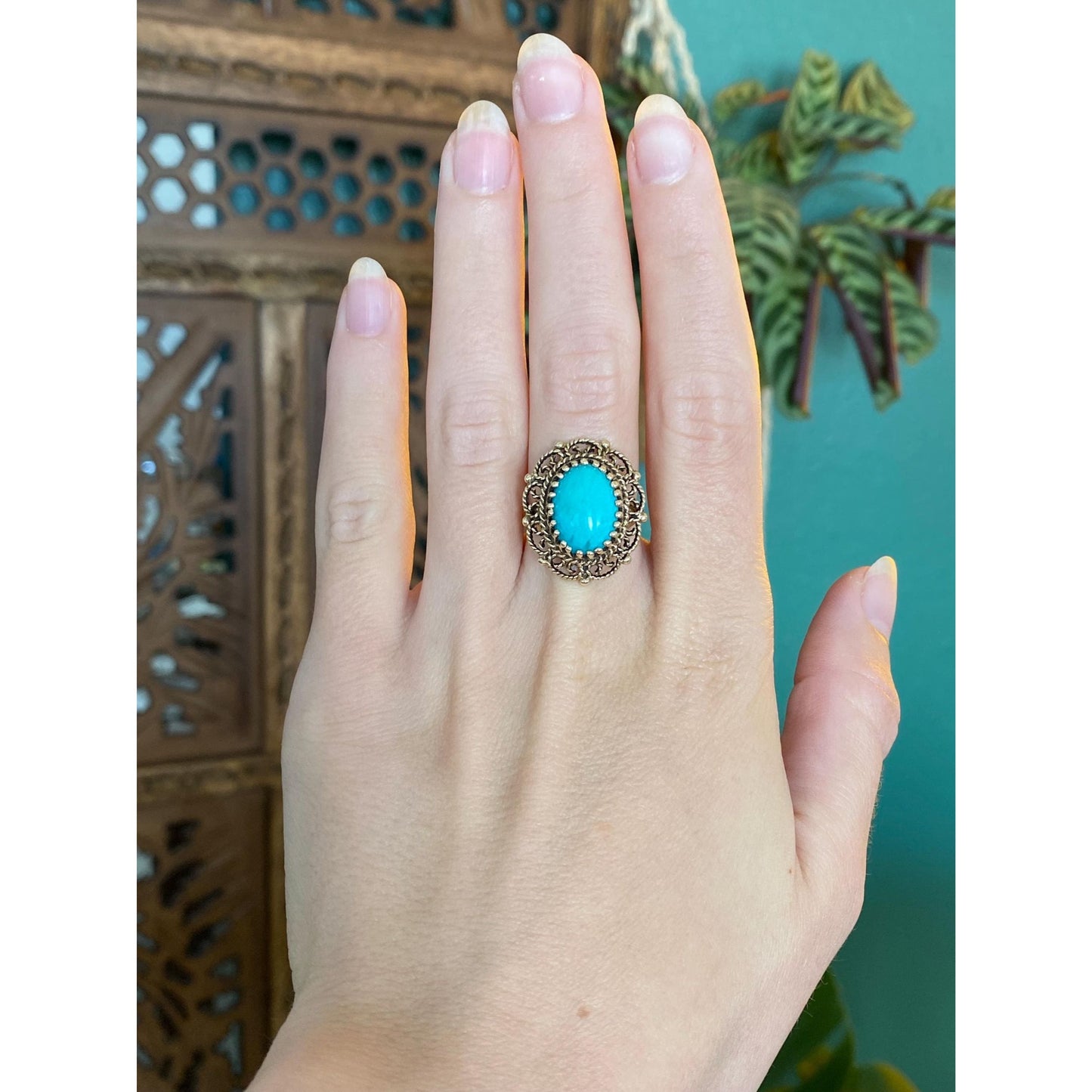 Vintage Solid 14k Yellow Gold Turquoise Ring - Size 6.5