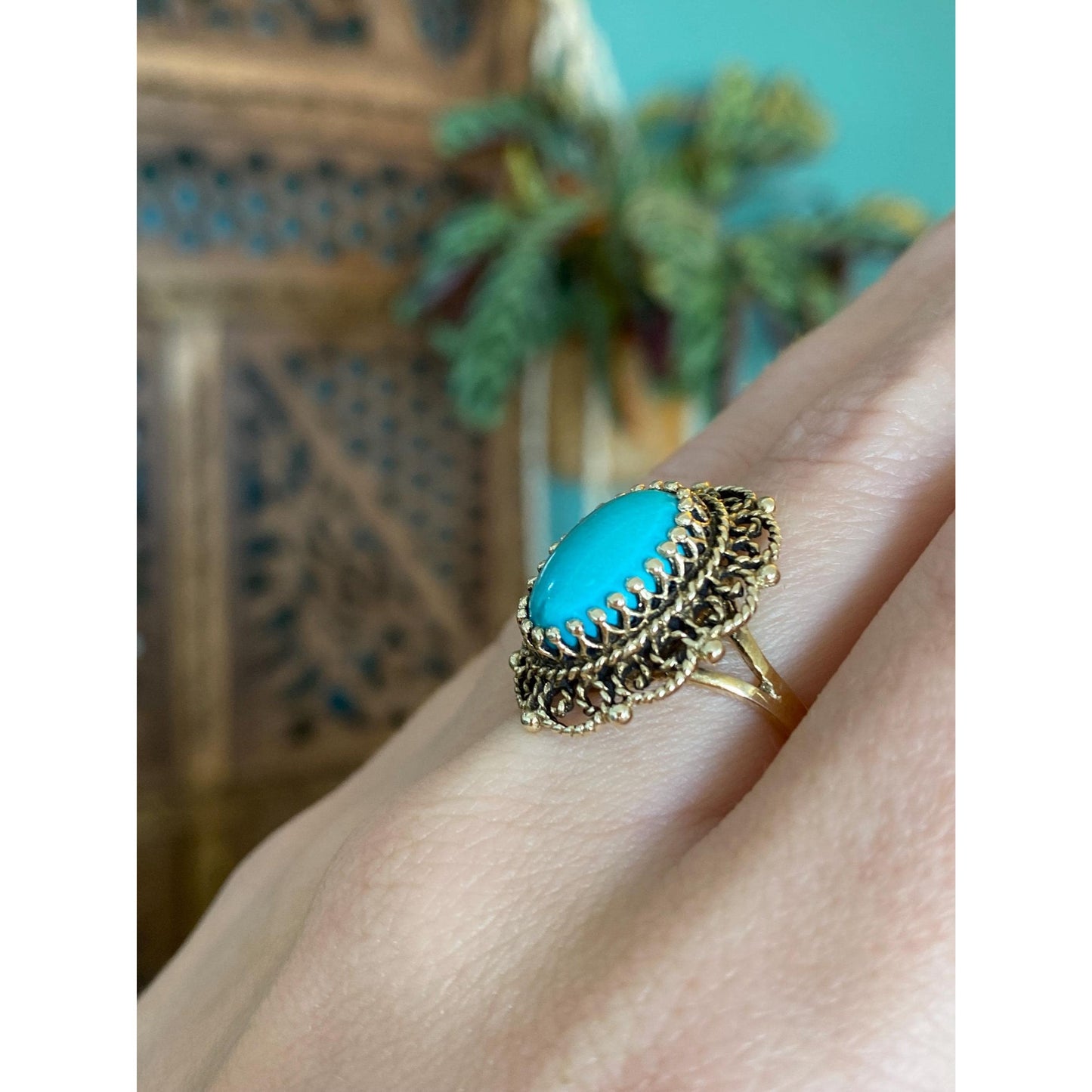 Vintage Solid 14k Yellow Gold Turquoise Ring - Size 6.5
