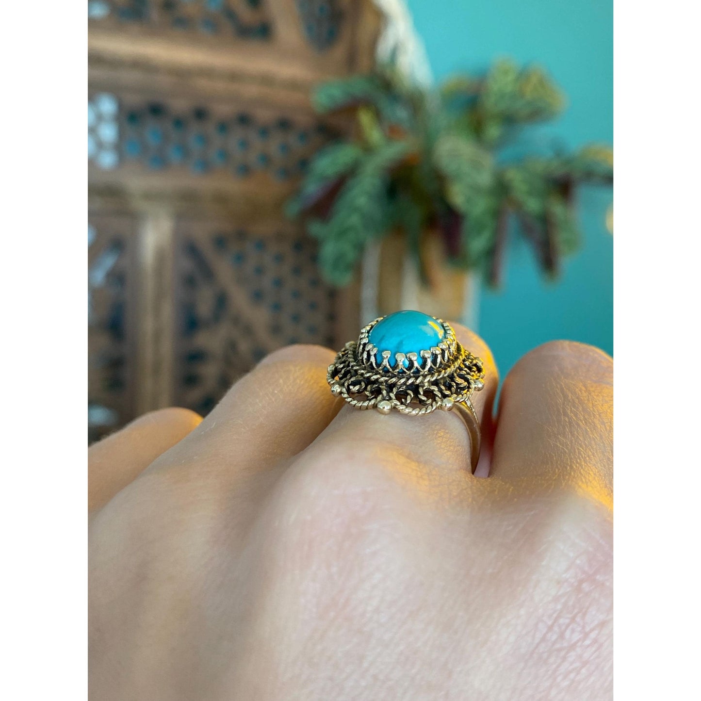 Vintage Solid 14k Yellow Gold Turquoise Ring - Size 6.5