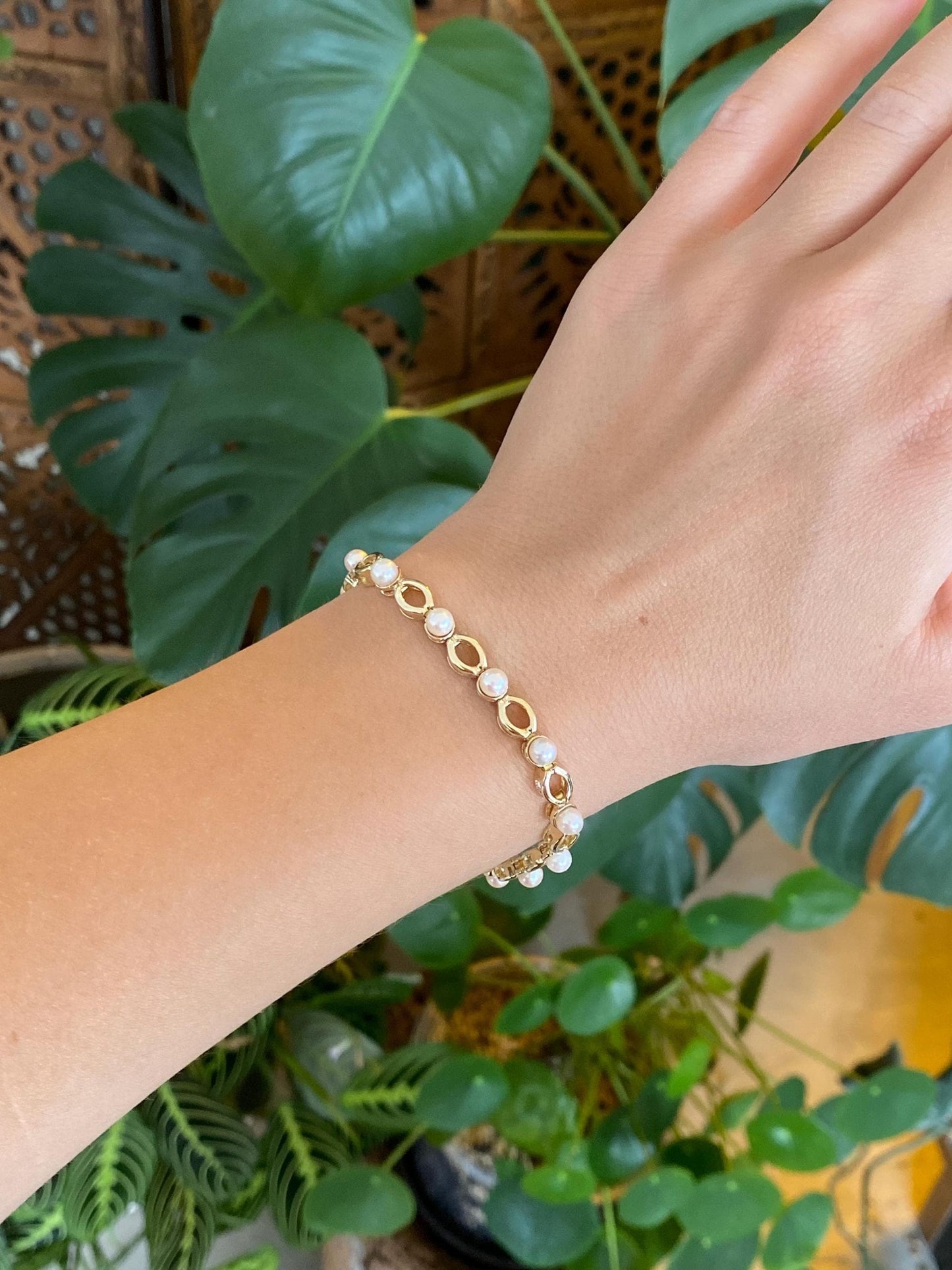 Vintage Solid 14k Yellow Gold Pearl Open Work Link Bracelet - 6.75 inches