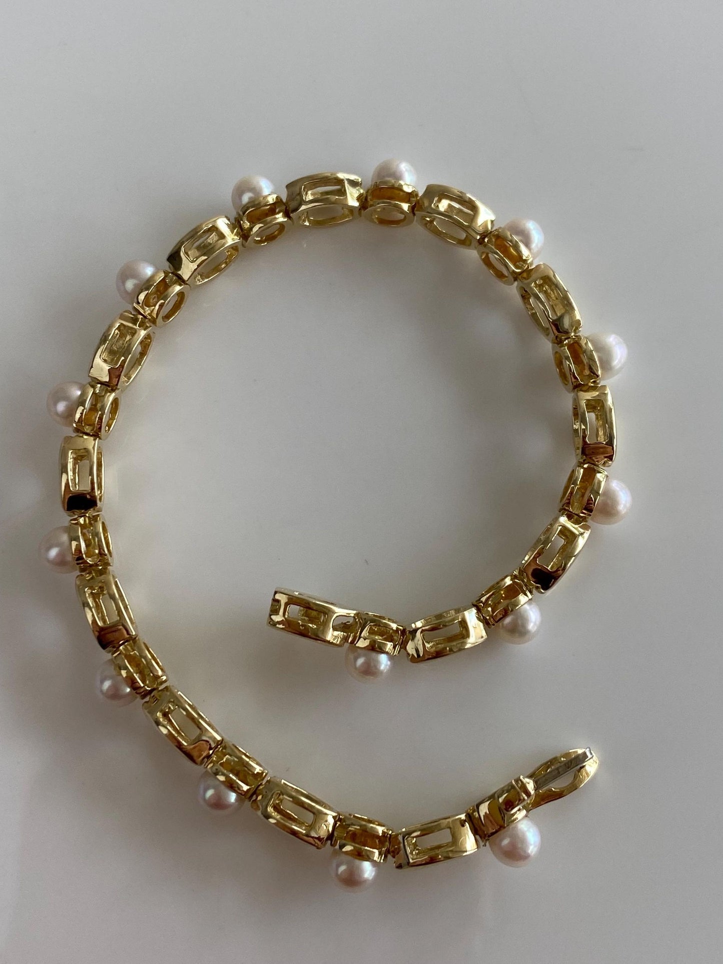 Vintage Solid 14k Yellow Gold Pearl Open Work Link Bracelet - 6.75 inches