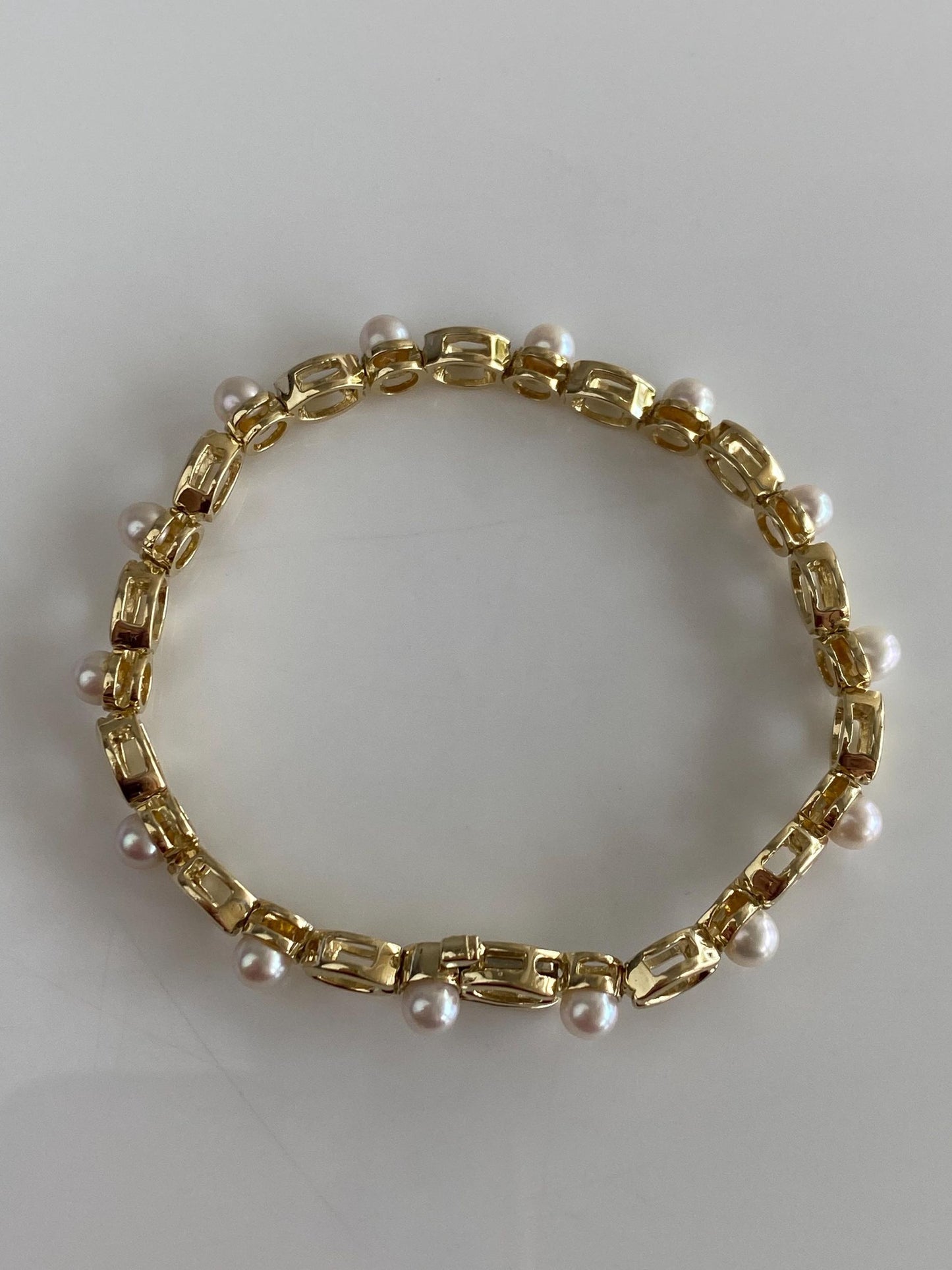 Vintage Solid 14k Yellow Gold Pearl Open Work Link Bracelet - 6.75 inches
