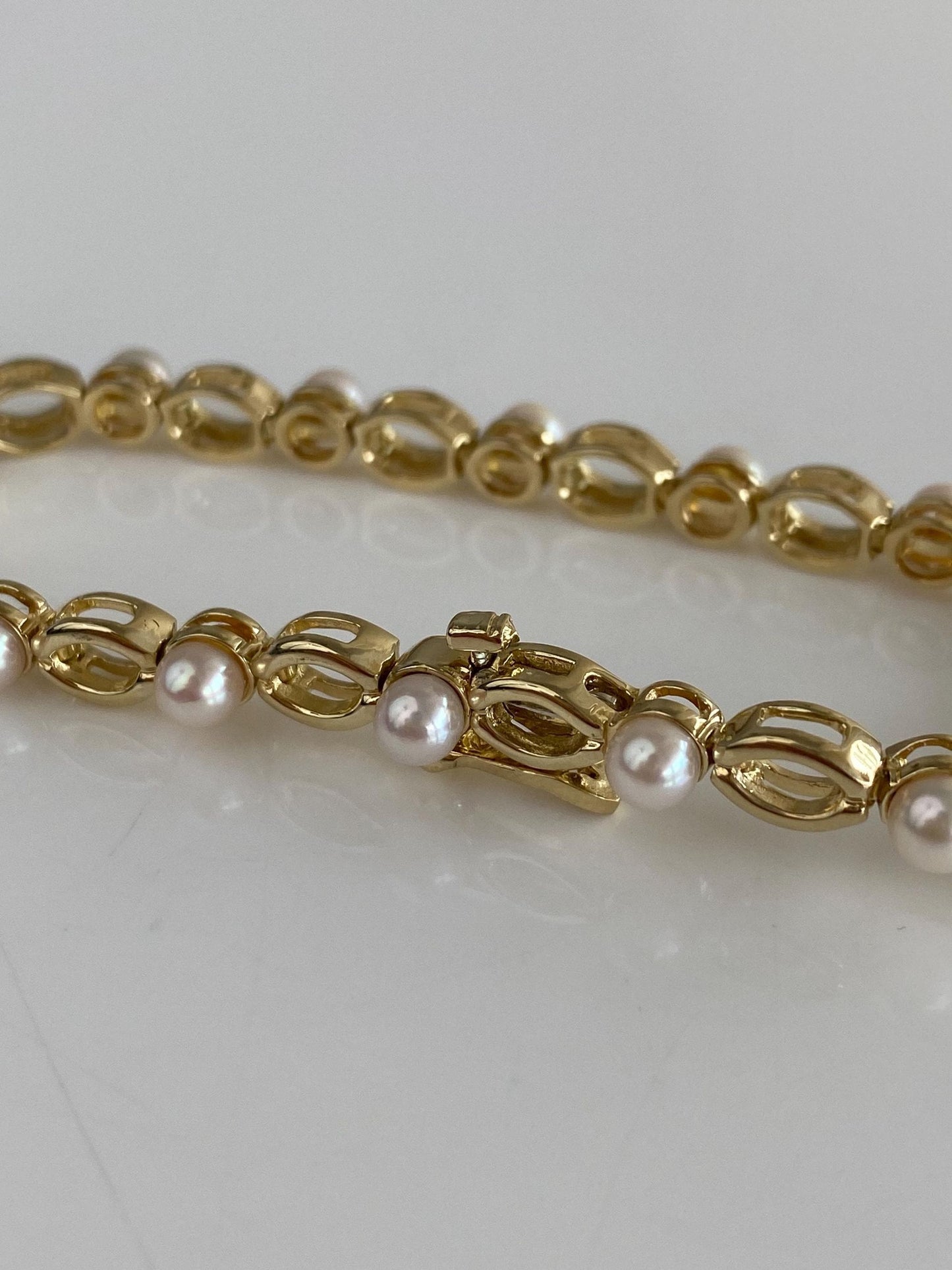Vintage Solid 14k Yellow Gold Pearl Open Work Link Bracelet - 6.75 inches