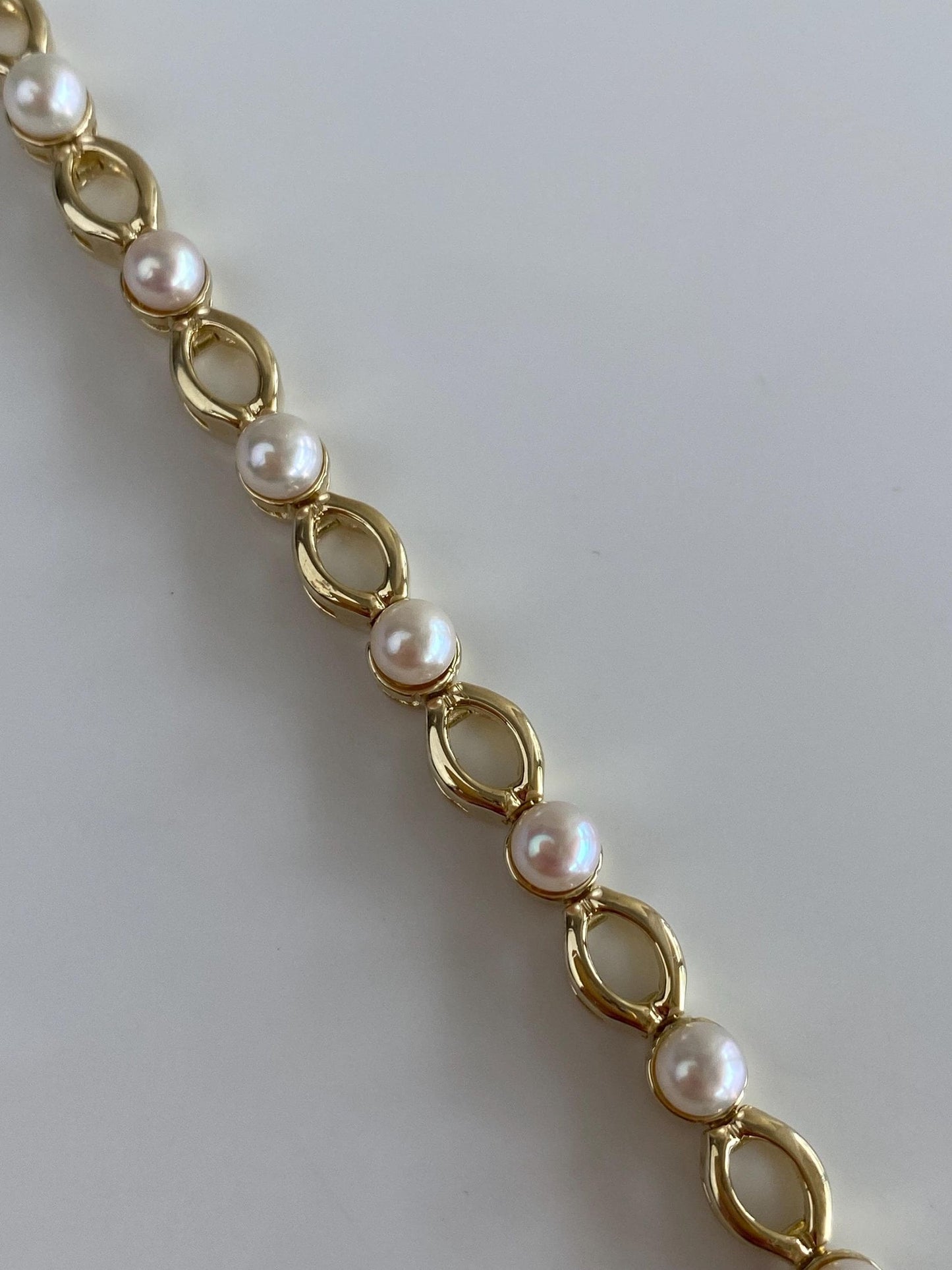Vintage Solid 14k Yellow Gold Pearl Open Work Link Bracelet - 6.75 inches