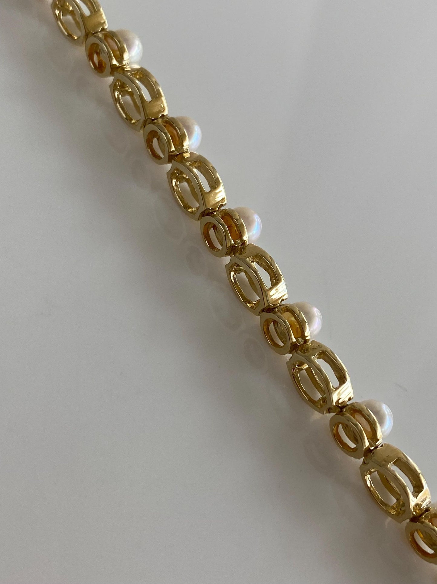 Vintage Solid 14k Yellow Gold Pearl Open Work Link Bracelet - 6.75 inches